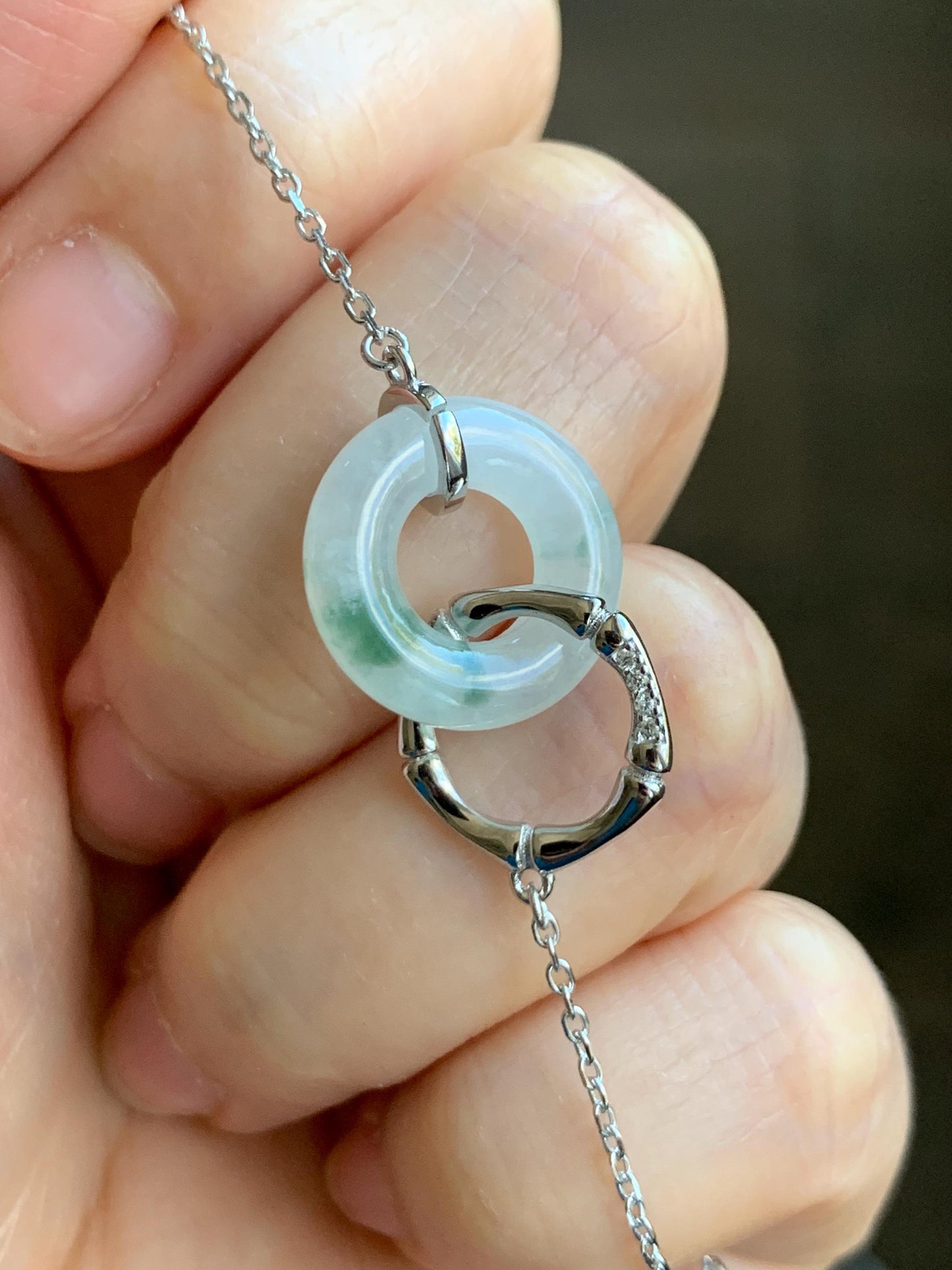Natural Grade A Icy Translucent Green Marbled White Jadeite Mini Ping An Kou Donut Necklace Sterling Silver 16”-18” 天然白冰飘花翡翠迷你平安扣锁骨链 PHP132
