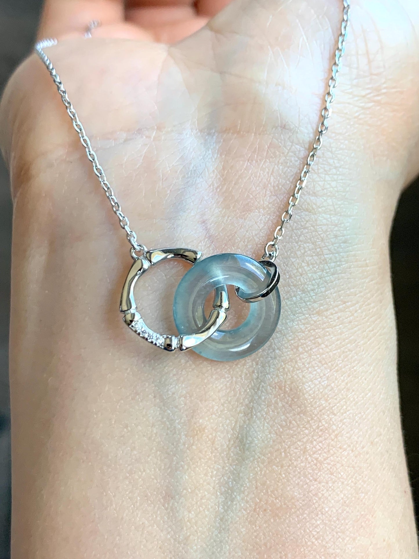 Natural Guatemalan Icy Highly Translucent Blue Jadeite Mini Ping An Kou Donut Necklace Sterling Silver 16”-17.75” 3g 天然冰危蓝翡翠迷你平安扣锁骨链 WLP88