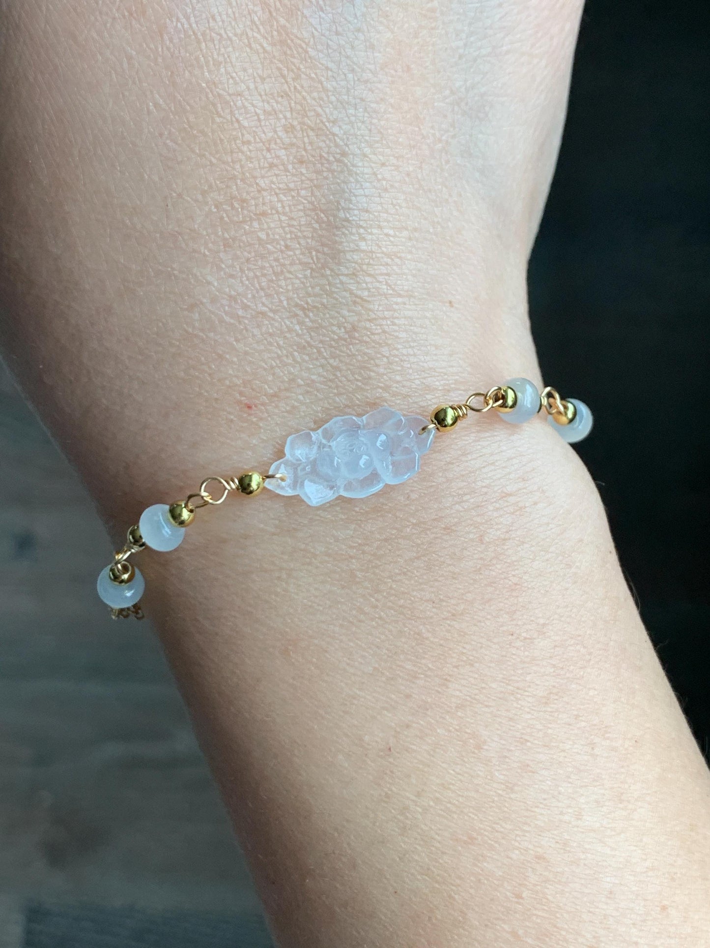 Natural Grade A Icy Highly Translucent White Jadeite Lotus Flower Chain Bracelet 14K Gold Filled Magnetic Clasp 6.25” 天然白冰翡翠莲花14K包金手链 BLK66B