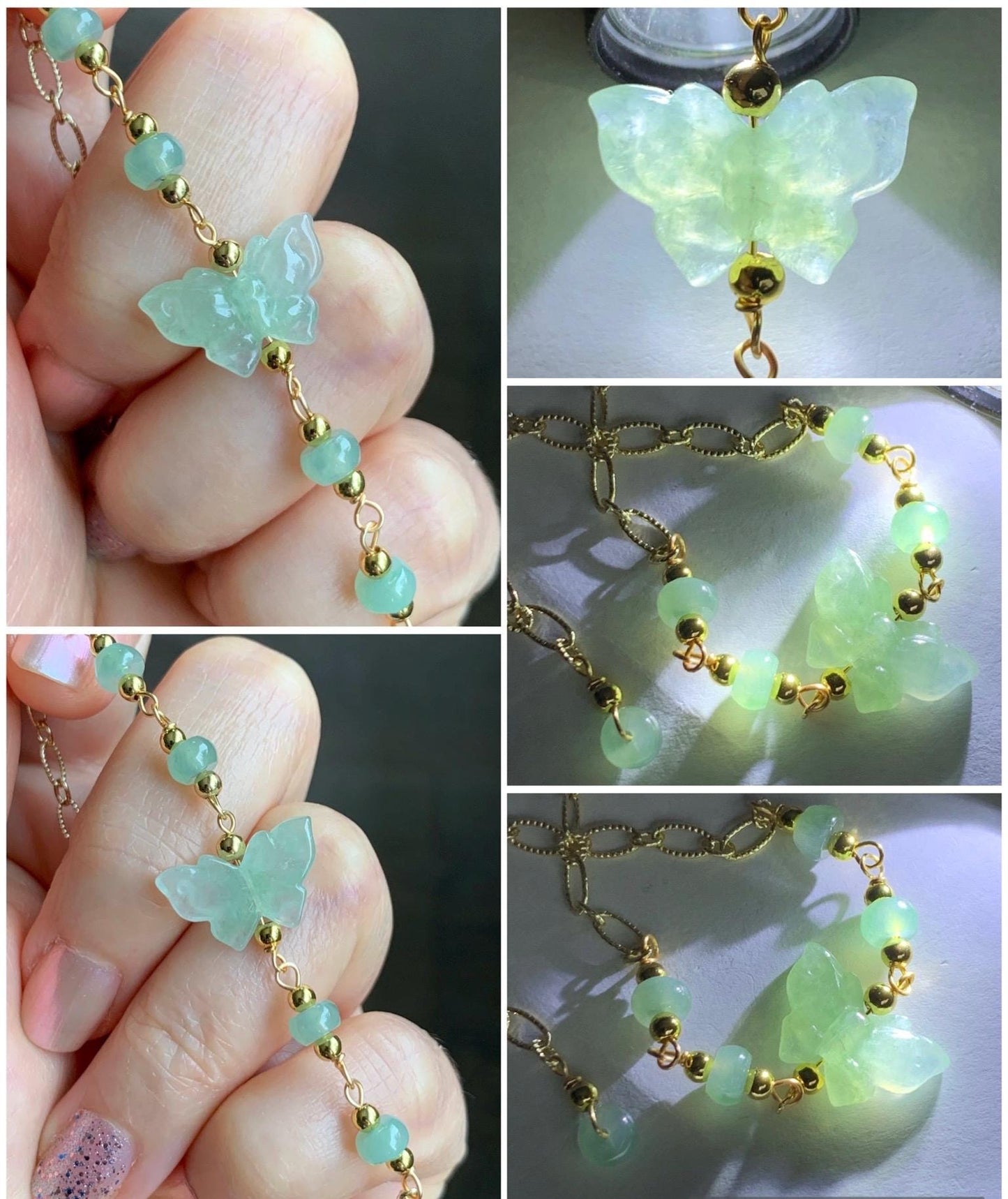 Natural Grade A Icy Highly Translucent Light Green Jadeite Butterfly Chain Bracelet 14K Gold Filled Adjustable 天然冰晴绿翡翠蝴蝶14K包金手链 QLH55
