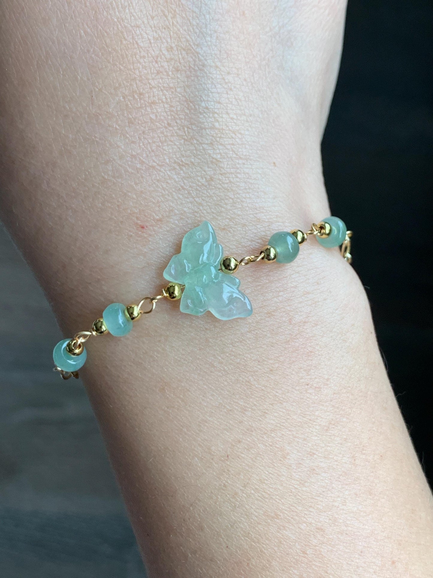 Natural Grade A Icy Highly Translucent Light Green Jadeite Butterfly Chain Bracelet 14K Gold Filled Adjustable 天然冰晴绿翡翠蝴蝶14K包金手链 QLH55
