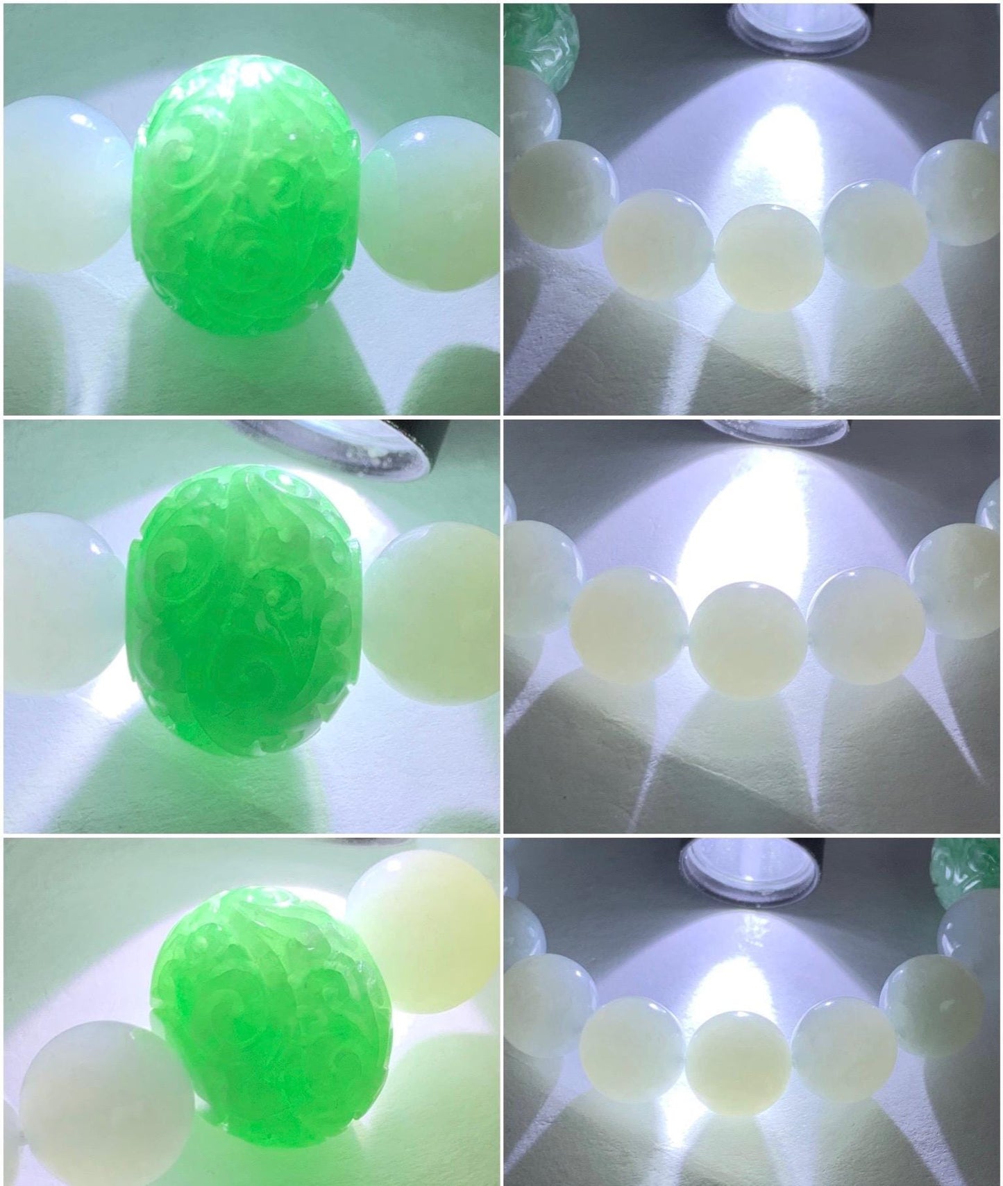 Natural Grade A Icy Translucent Green Marbled Jadeite Engraved Drum Bead Icy White Jadeite Beads Beaded Bracelet 7” 35g 天然冰绿花翡翠仿古雕鼓珠圆珠手串