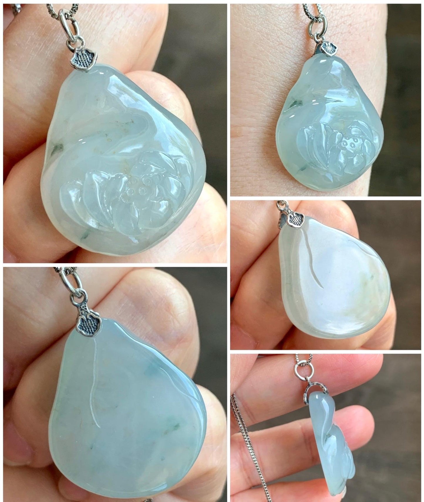 Natural Grade A Icy Translucent Gelatinous Beige Pastel Green Jadeite Lotus Flower Teardrop Pendant Sterling Silver 12g 天然冰胶晴底撒金翡翠莲花水滴吊坠