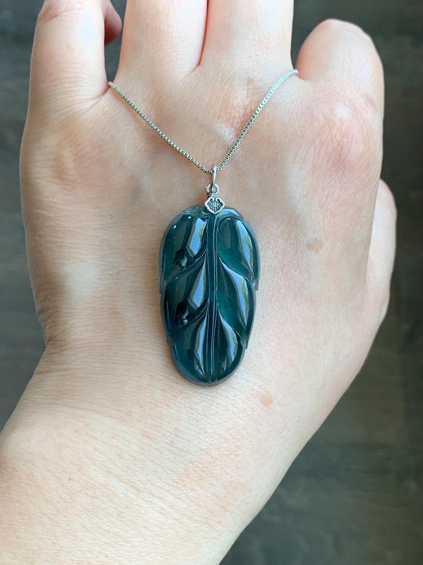 Natural Grade A Guatemalan Icy Highly Translucent Dark Teal Blue Jadeite Carved Leaf Pendant Sterling Silver 8g 天然冰胶危深蓝翡翠大叶有成银镶吊坠 LDY88