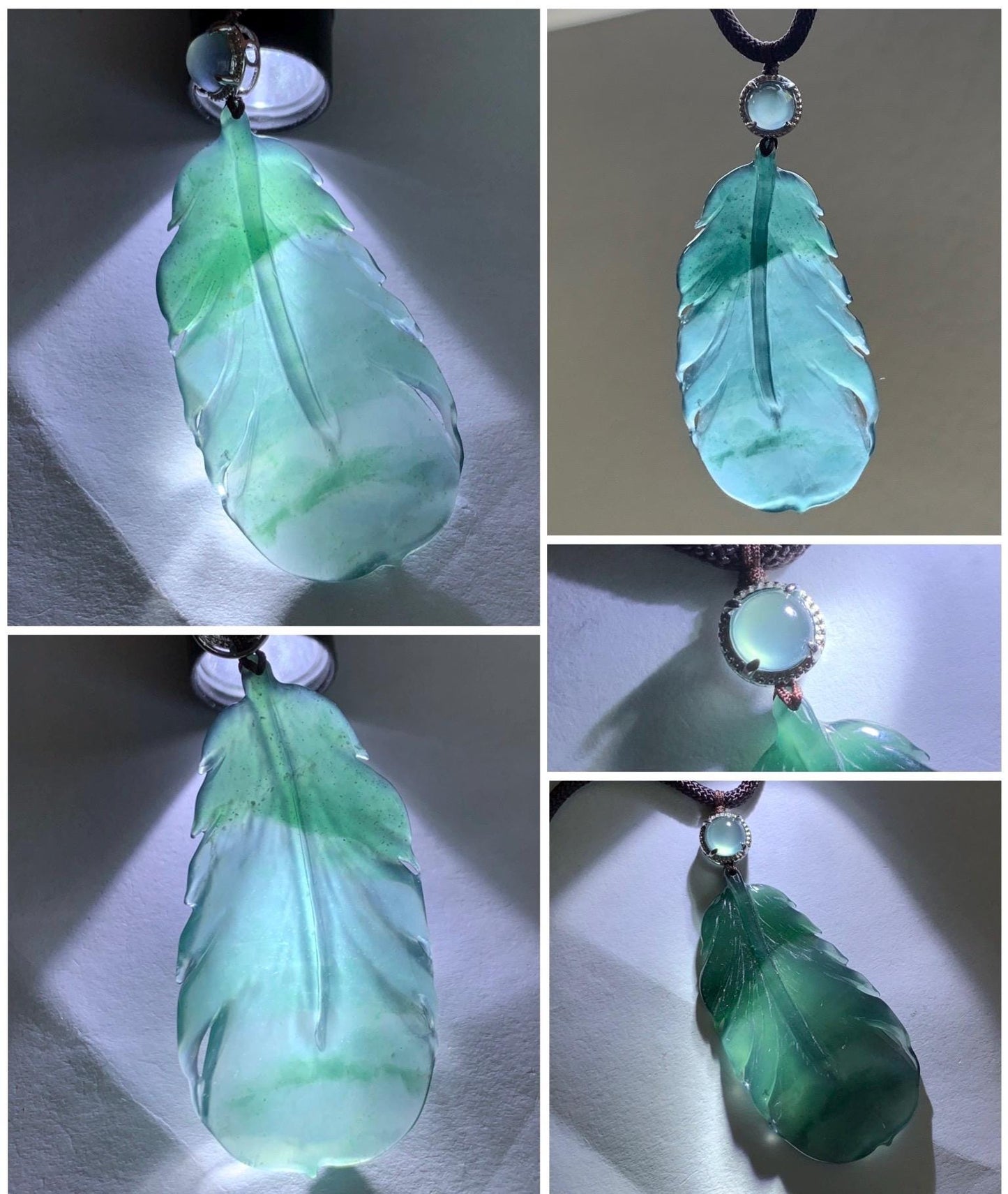 Natural Guatemalan Icy Highly Translucent Gelatinous Teal Green Jadeite Feather Pendant Rope Necklace 24" Sterling Silver 天然冰胶危湖水蓝翡翠羽毛吊坠
