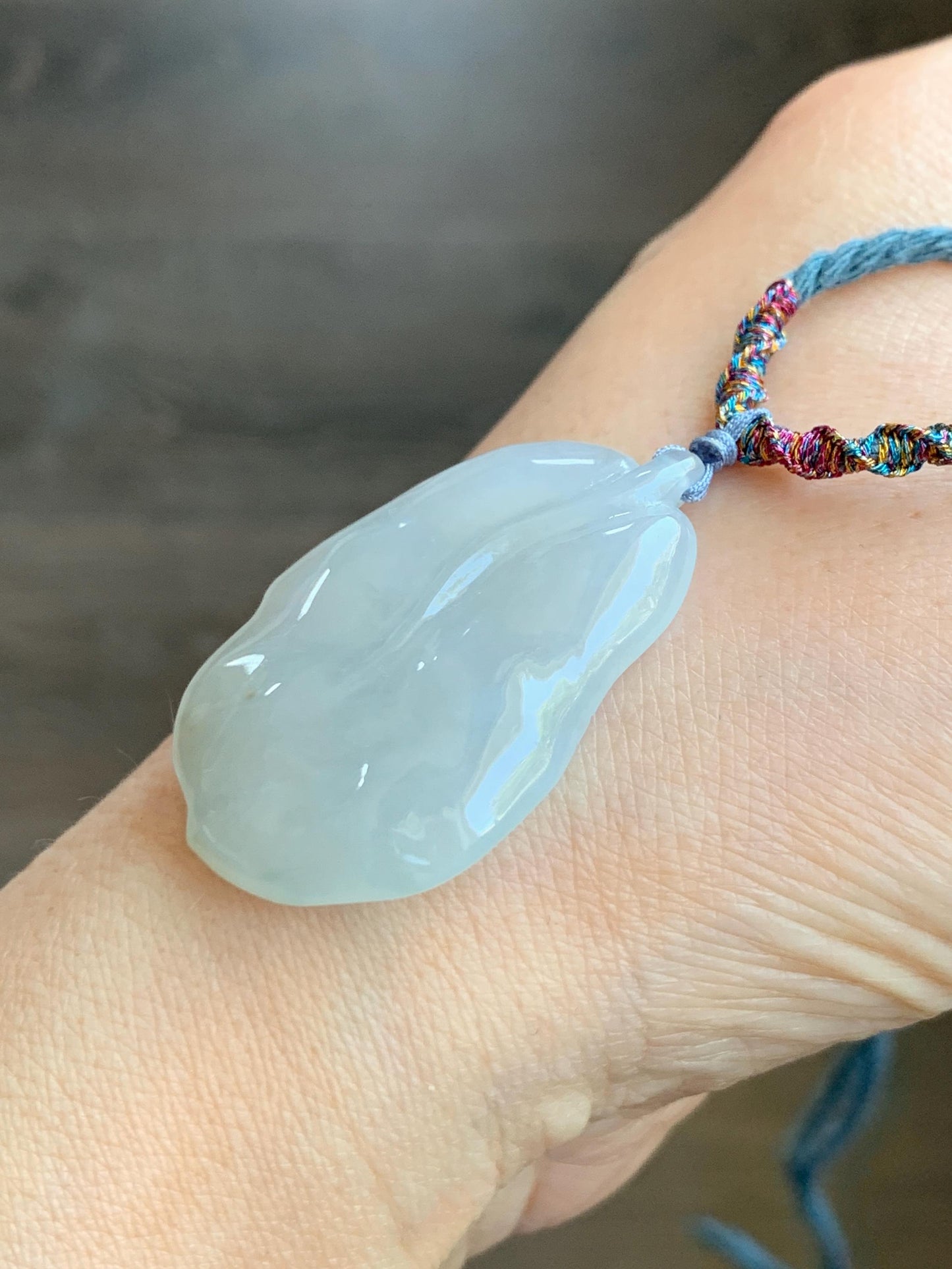 Natural Grade A Icy Translucent Gelatinous Pastel Green Jadeite Leaf Pendant Rope Necklace 25" Adjustable 14g 天然老种冰晴底翡翠大叶有成吊坠项链 MBY220