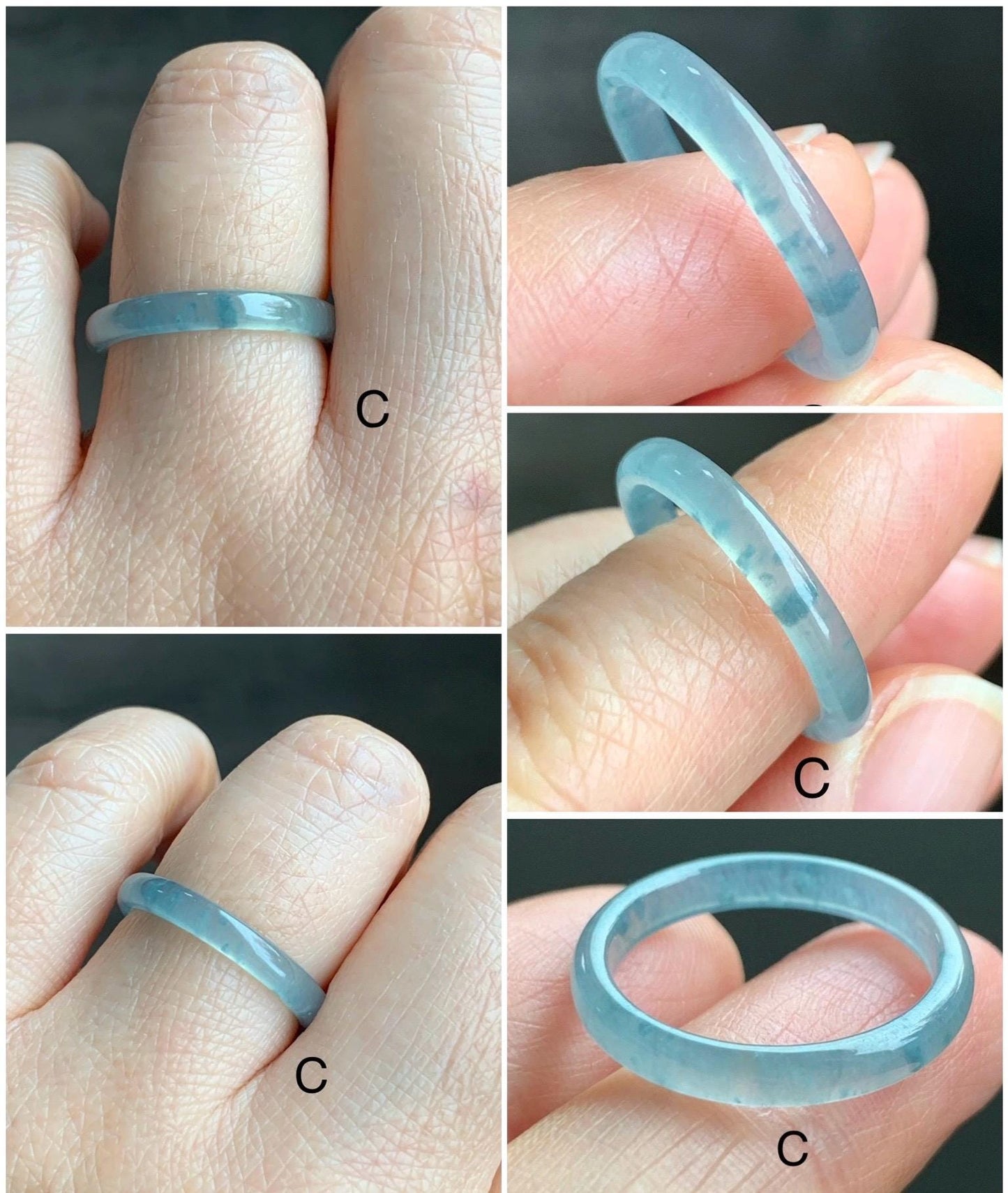 Natural Grade A Guatemalan Icy Highly Translucent Pastel Teal Blue Marbled Jadeite Band Ring Size 6-7.25 US 天然冰危起光浅蓝飘花翡翠戒圈 WDLP