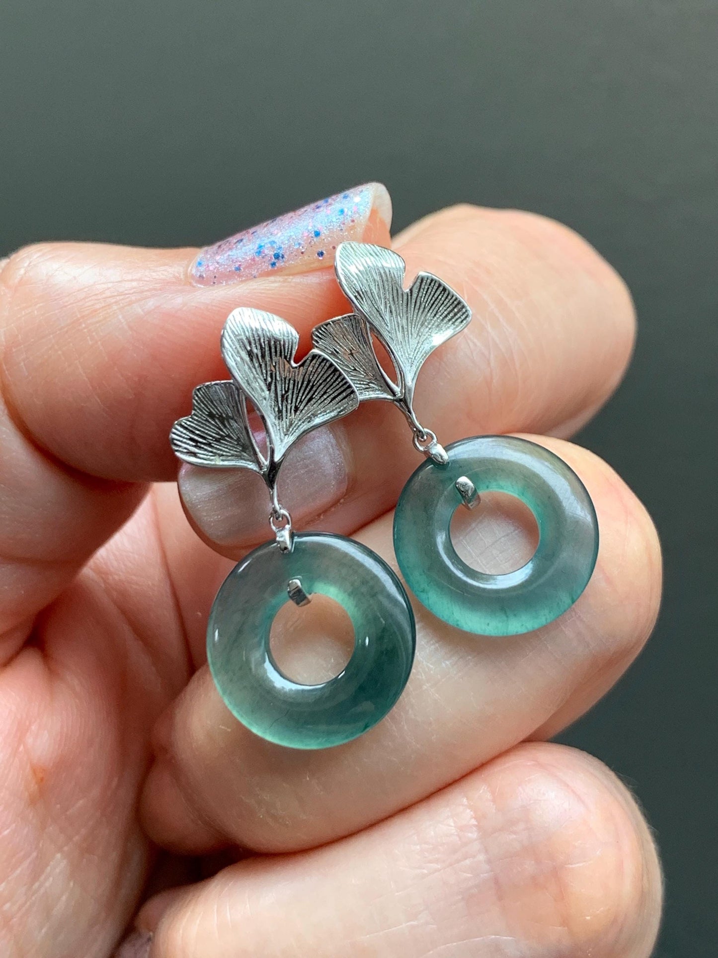 Natural Guatemalan Icy Highly Translucent Dark Teal Blue Jadeite Ping An Kou Donut Stud Earrings Sterling Silver 天然冰危深蓝绿翡翠平安扣银杏叶耳钉 YYX110