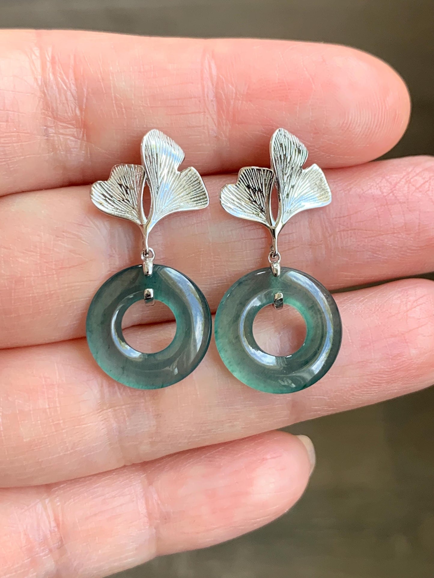 Natural Guatemalan Icy Highly Translucent Dark Teal Blue Jadeite Ping An Kou Donut Stud Earrings Sterling Silver 天然冰危深蓝绿翡翠平安扣银杏叶耳钉 YYX110
