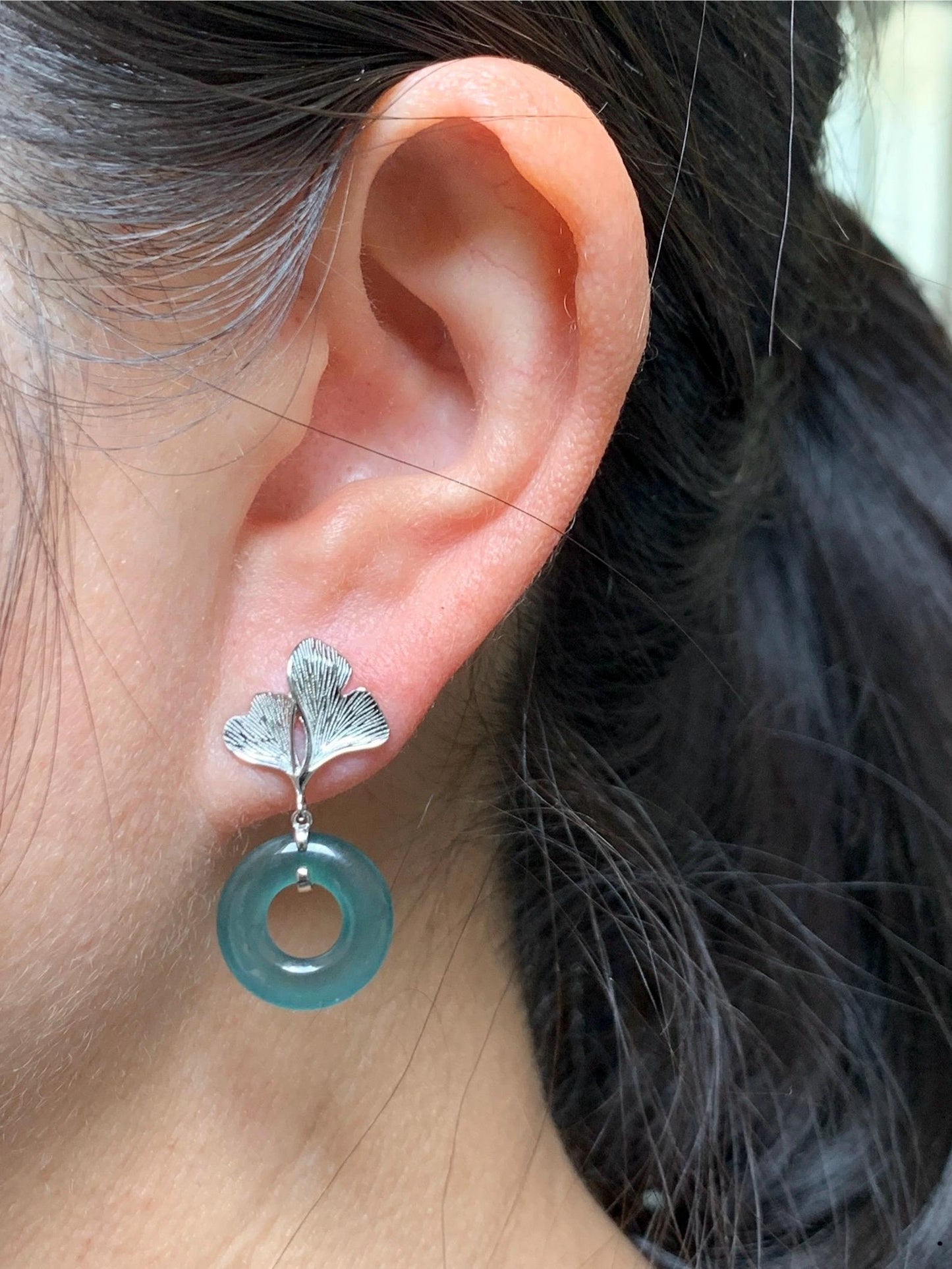 Natural Guatemalan Icy Highly Translucent Dark Teal Blue Jadeite Ping An Kou Donut Stud Earrings Sterling Silver 天然冰危深蓝绿翡翠平安扣银杏叶耳钉 YYX110