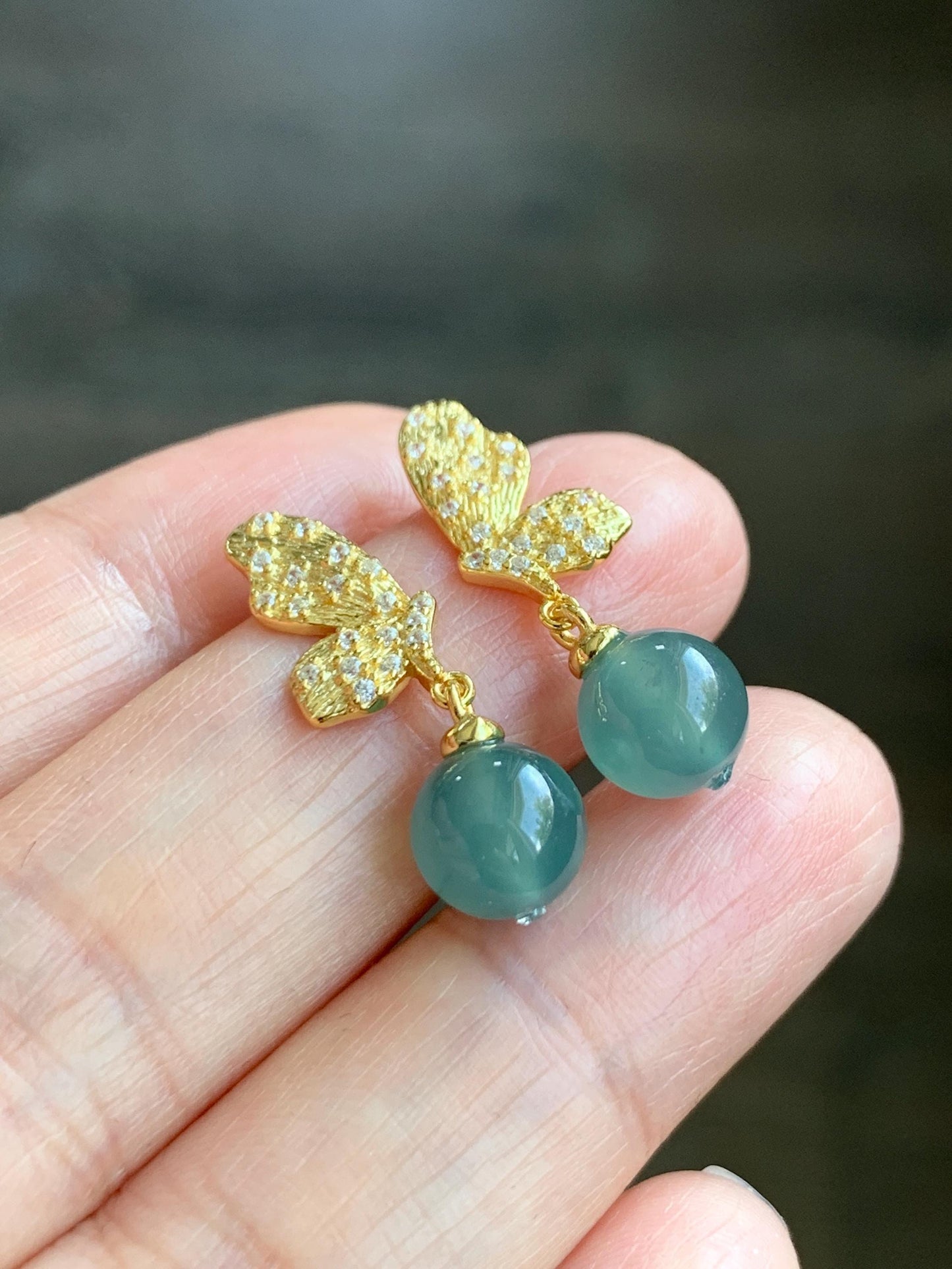 Natural Guatemalan Grade A Icy Highly Translucent Teal Blue Jadeite Beads Butterfly Stud Dangle Earrings Sterling Silver 天然冰危蓝翡翠圆珠耳钉 HDZ77G