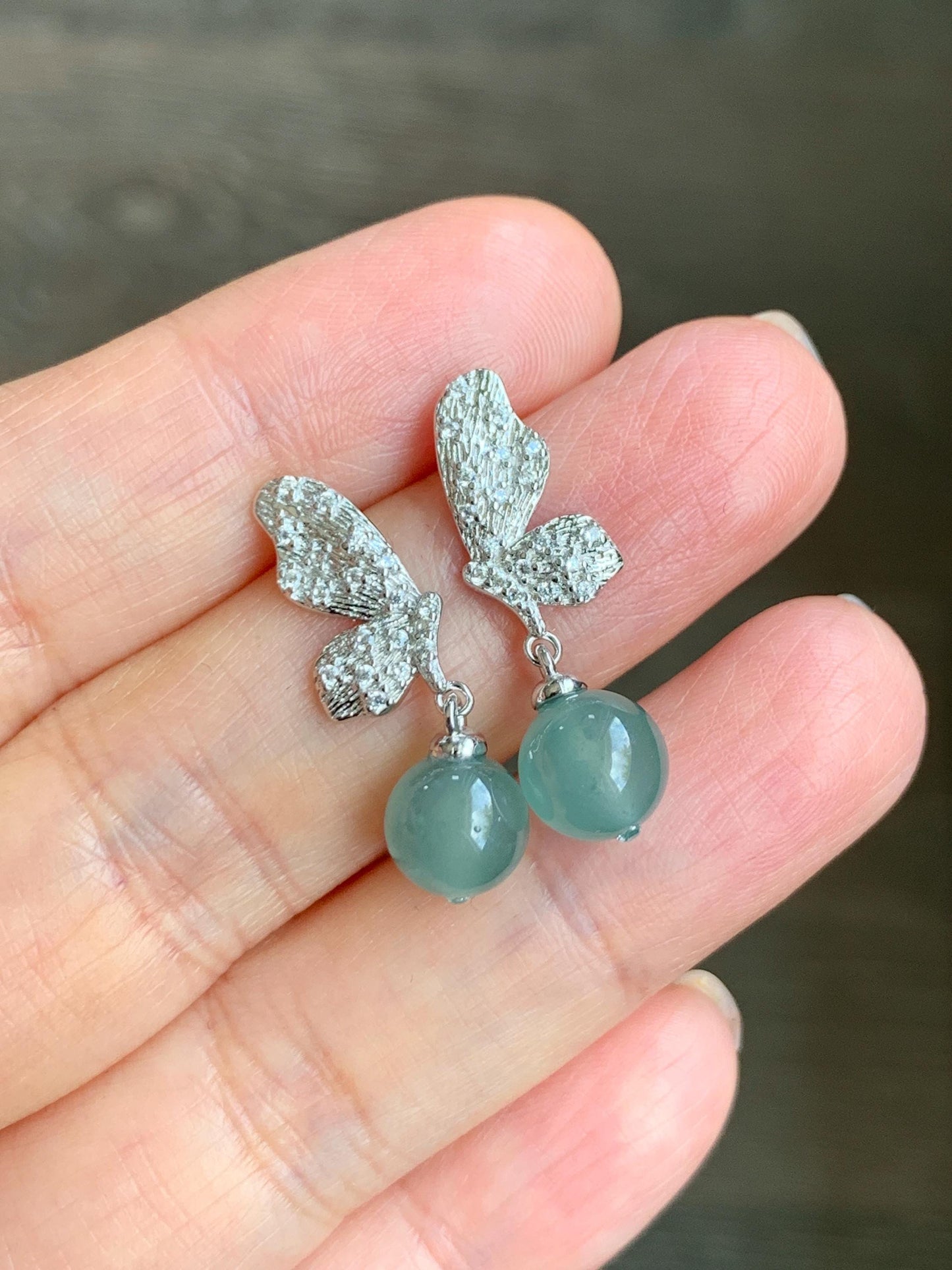 Natural Guatemalan Icy Highly Translucent Light Teal Blue Jadeite Beads Butterfly Stud Dangle Earrings Sterling Silver 天然冰危蓝翡翠圆珠耳钉 HDZ77S