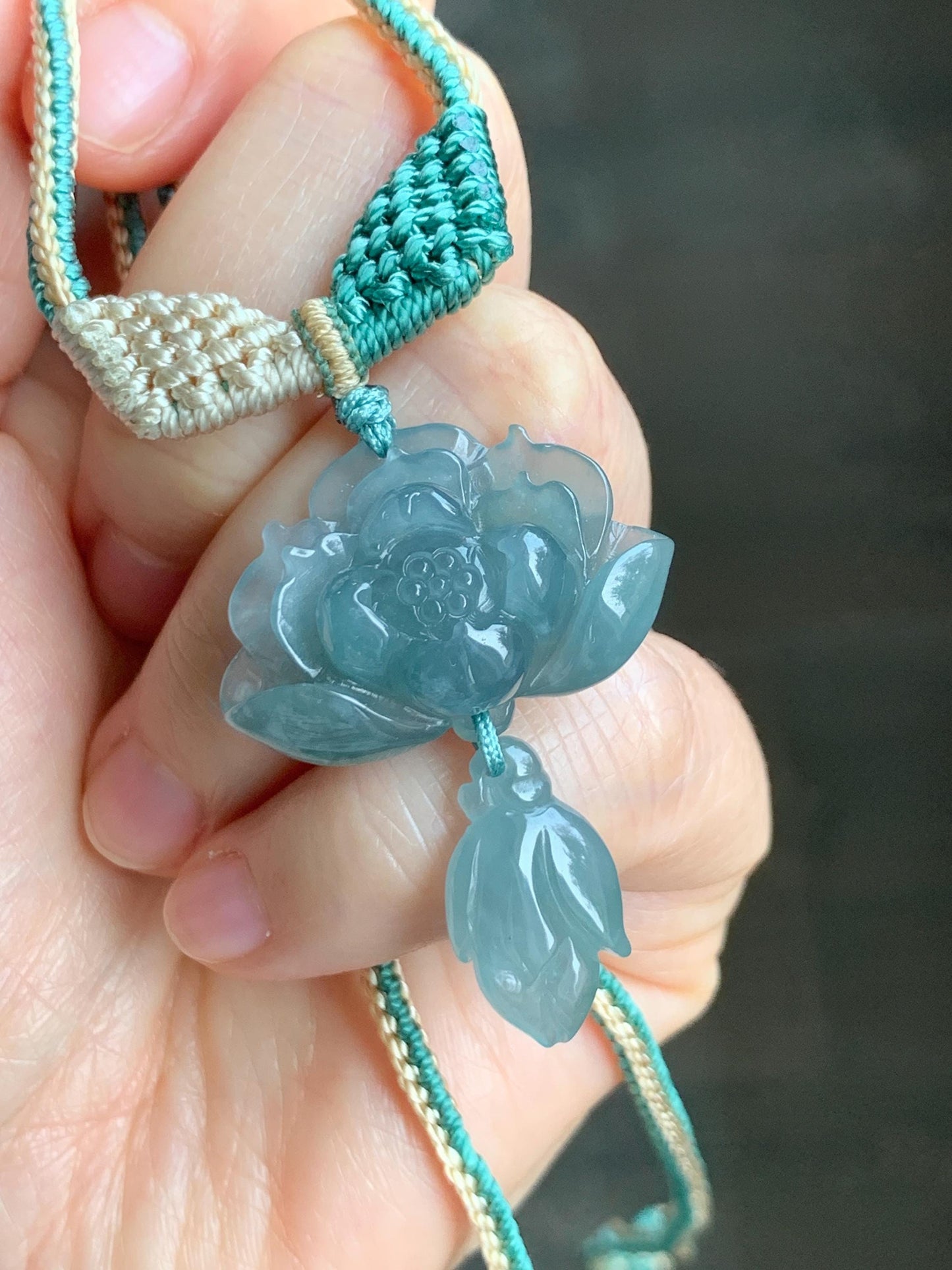 Natural Grade A Guatemalan Icy Translucent Teal Blue Jadeite Lotus Flower Pendant Rope Necklace Adjustable 27” 12g 天然冰危蓝翡翠莲花花苞吊坠挂件 C