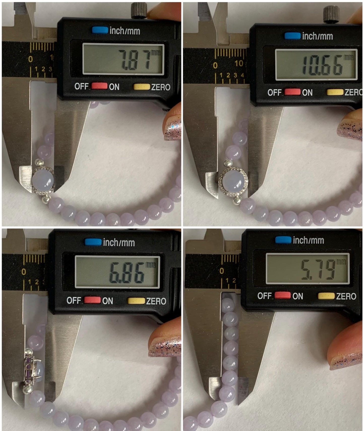 Natural Grade A Icy Translucent Light Lavender Jadeite Round Beads & Cabochon Charm Beaded Bracelet 6.5” 10g 天然冰胶淡紫翡翠起光蛋面手串 ZDP65