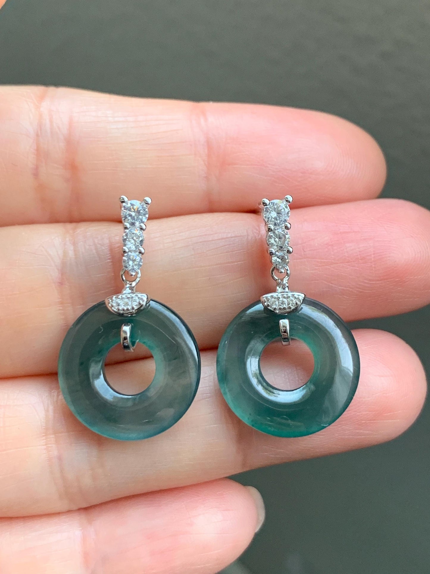 Natural Guatemalan Icy Highly Translucent Dark Teal Blue Jadeite Ping An Kou Donut Stud Earrings Sterling Silver 天然冰危深蓝绿翡翠平安扣耳钉 PKG110