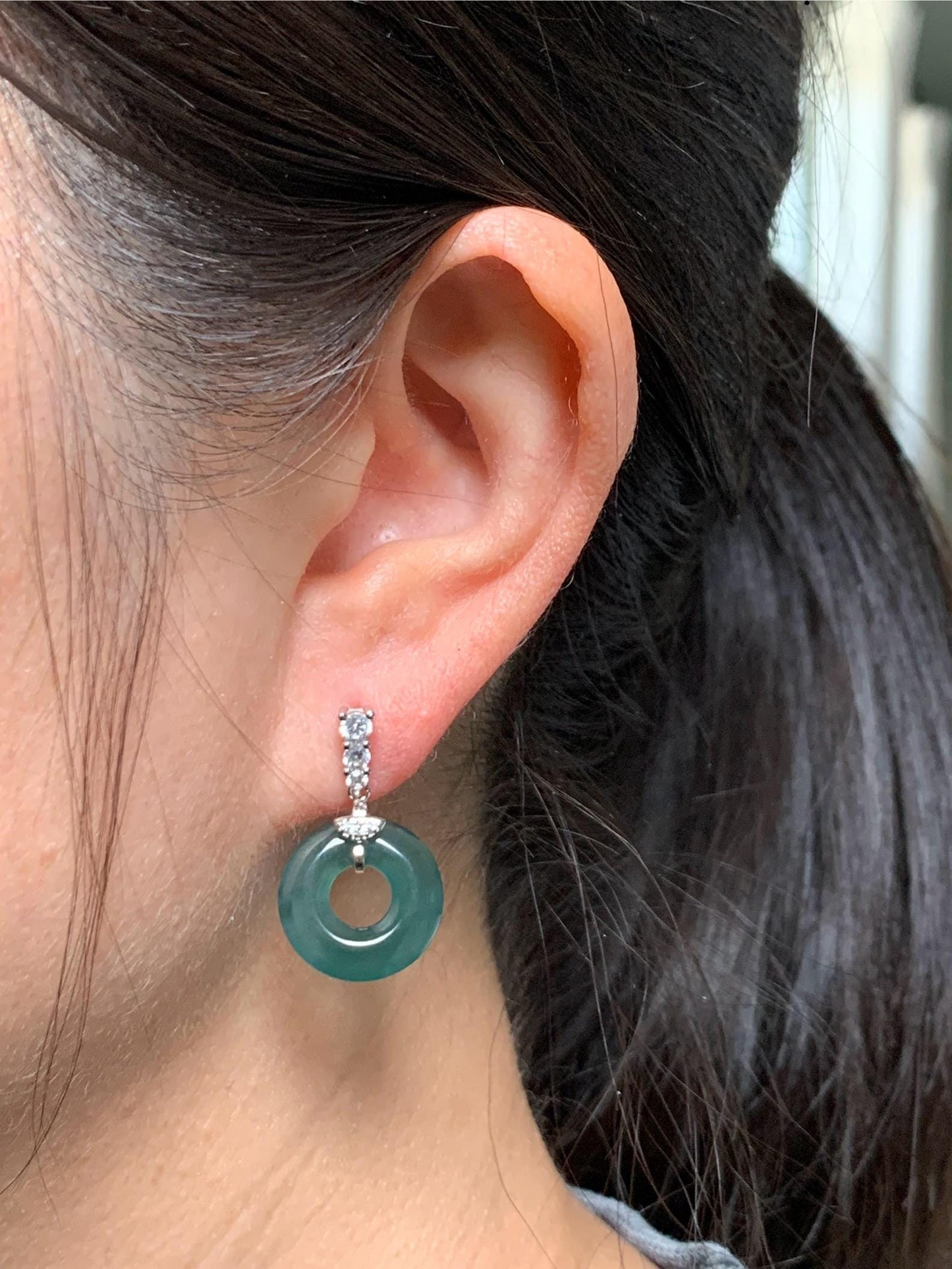 Natural Guatemalan Icy Highly Translucent Dark Teal Blue Jadeite Ping An Kou Donut Stud Earrings Sterling Silver 天然冰危深蓝绿翡翠平安扣耳钉 PKG110