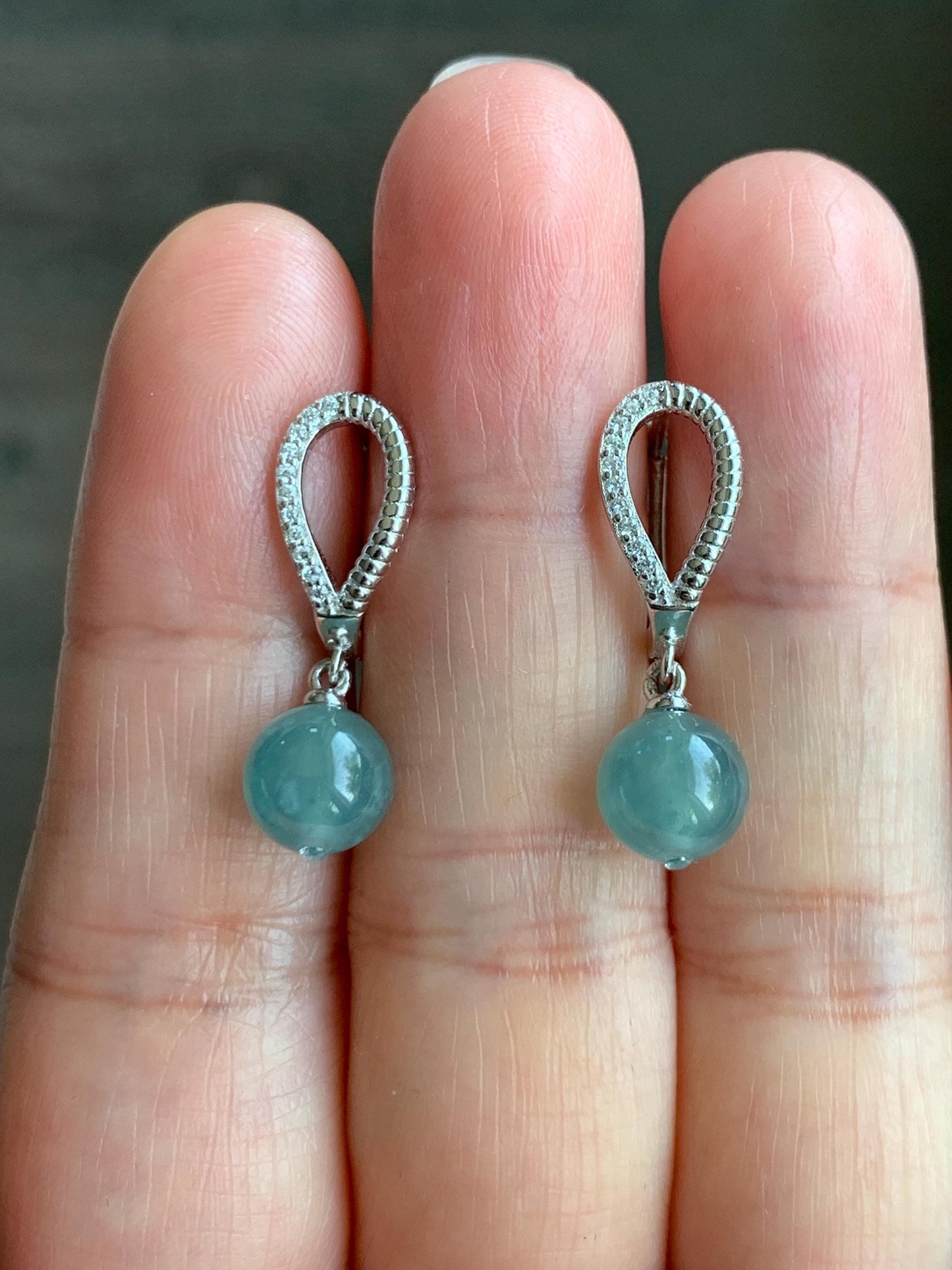 Natural Guatemalan Icy Highly Translucent Light Teal Blue Jadeite Beads Lever Back Dangle Earrings Sterling Silver 天然高冰危浅蓝翡翠圆珠耳钩 EBZ77B