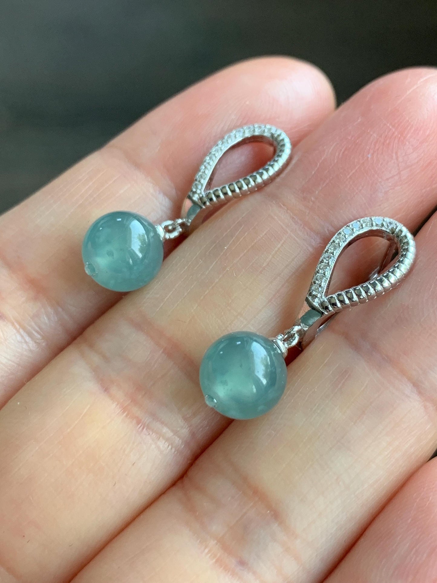 Natural Guatemalan Icy Highly Translucent Light Teal Blue Jadeite Beads Lever Back Dangle Earrings Sterling Silver 天然高冰危浅蓝翡翠圆珠耳钩 EBZ77B