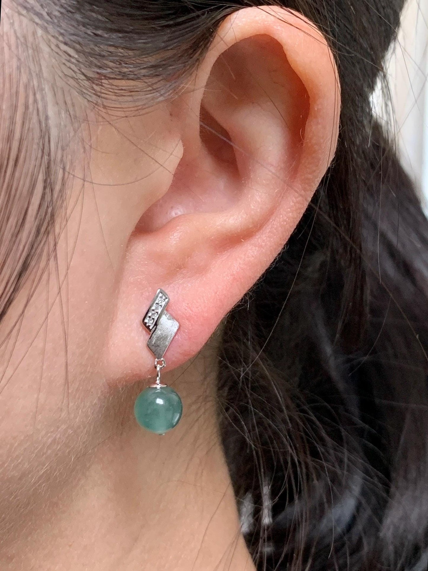 Natural Grade A Guatemalan Icy Highly Translucent Light Teal Green Jadeite Beads Stud Dangle Earrings Sterling Silver 天然冰危蓝绿翡翠圆珠耳钉 BPS77A