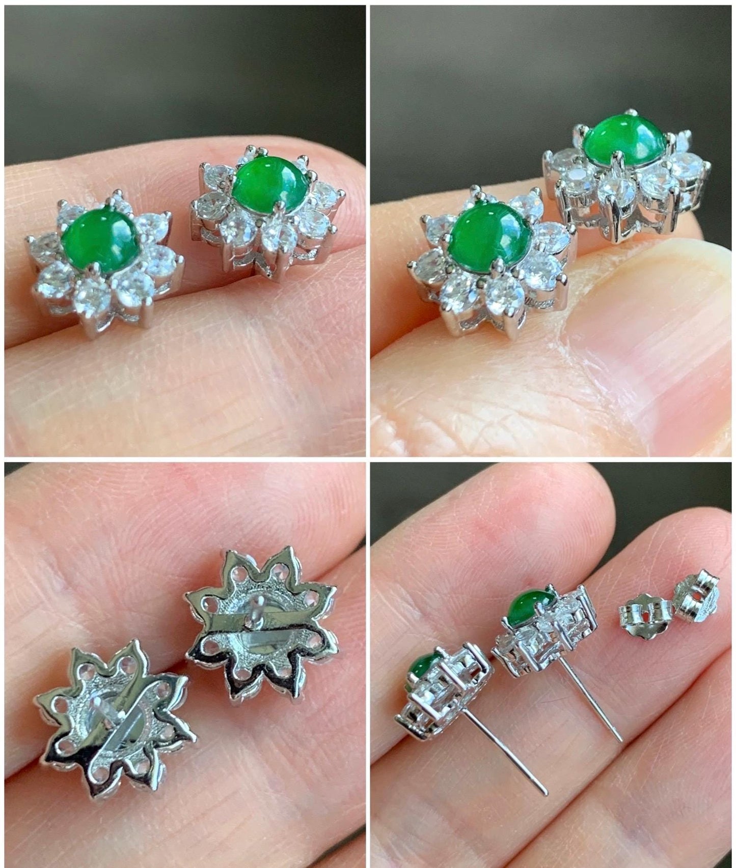 Natural Guatemalan Grade A Icy Translucent Vibrant Green Jadeite Halo Style Stud Earrings S925 Sterling Silver 天然冰危绿翡翠银镶耳钉 HAE70