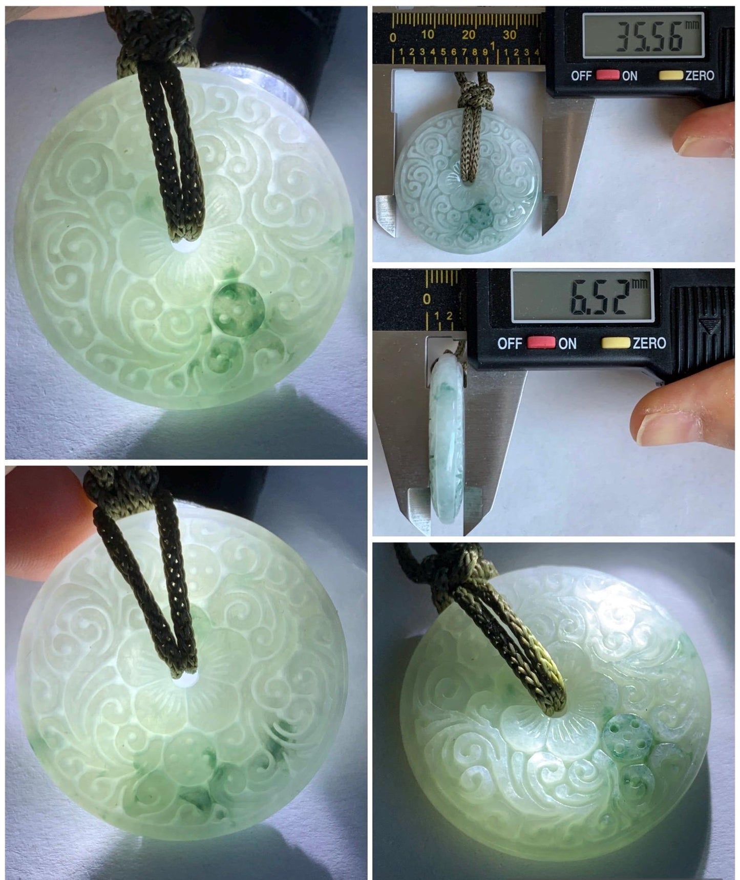 Natural Grade A Icy Translucent Jadeite w/ Green Marbling Engraved Ping An Kou Donut Pendant Rope Necklace 23.5” 17g 天然冰飘花翡翠仿古雕平安扣吊坠挂件 PHM66