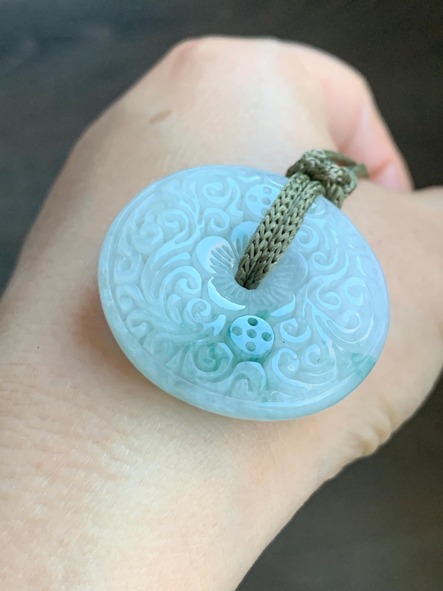 Natural Grade A Icy Translucent Jadeite w/ Green Marbling Engraved Ping An Kou Donut Pendant Rope Necklace 23.5” 17g 天然冰飘花翡翠仿古雕平安扣吊坠挂件 PHM66