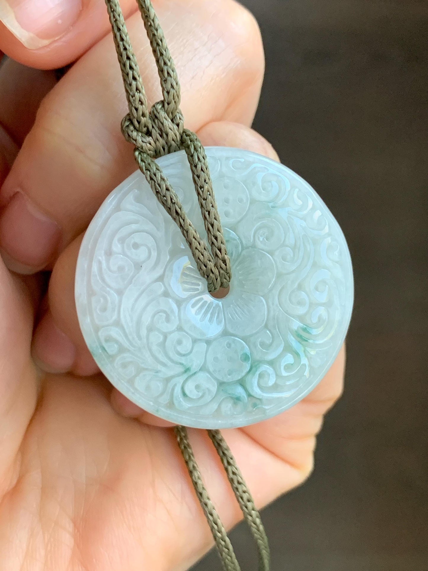 Natural Grade A Icy Translucent Jadeite w/ Green Marbling Engraved Ping An Kou Donut Pendant Rope Necklace 23.5” 17g 天然冰飘花翡翠仿古雕平安扣吊坠挂件 PHM66