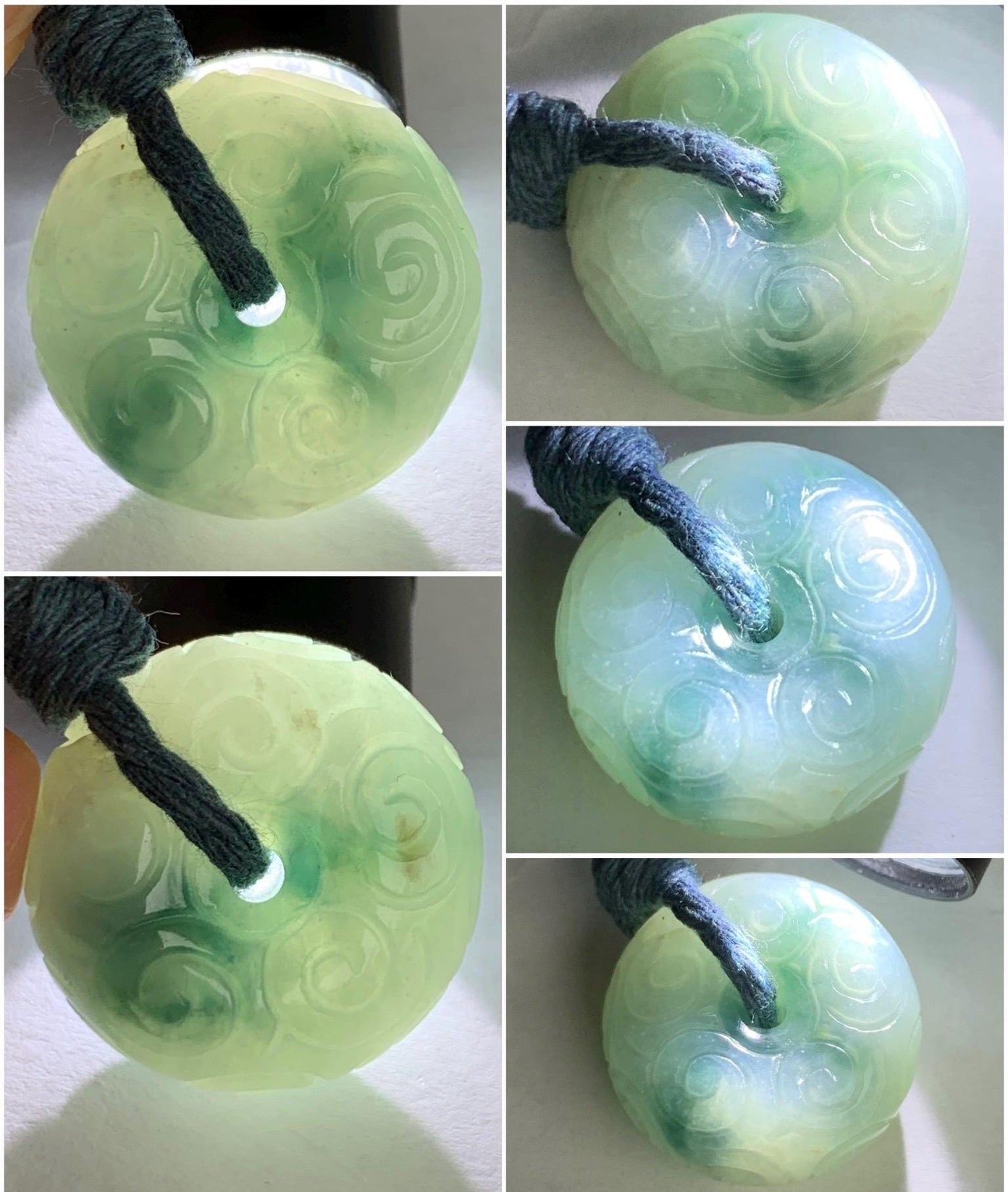 Natural Icy Translucent Pastel Blue Dark Blue Marbled Jadeite Engraved Ping An Kou Donut Pendant Rope Necklace 26” 14g 天然淡蓝飘花翡翠仿古雕平安扣吊坠 B