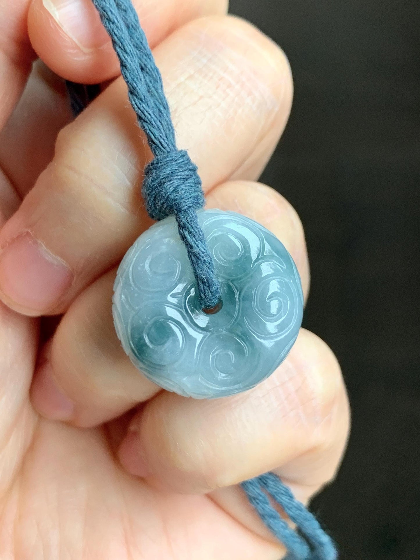 Natural Icy Translucent Pastel Blue Dark Blue Marbled Jadeite Engraved Ping An Kou Donut Pendant Rope Necklace 26” 14g 天然淡蓝飘花翡翠仿古雕平安扣吊坠 B