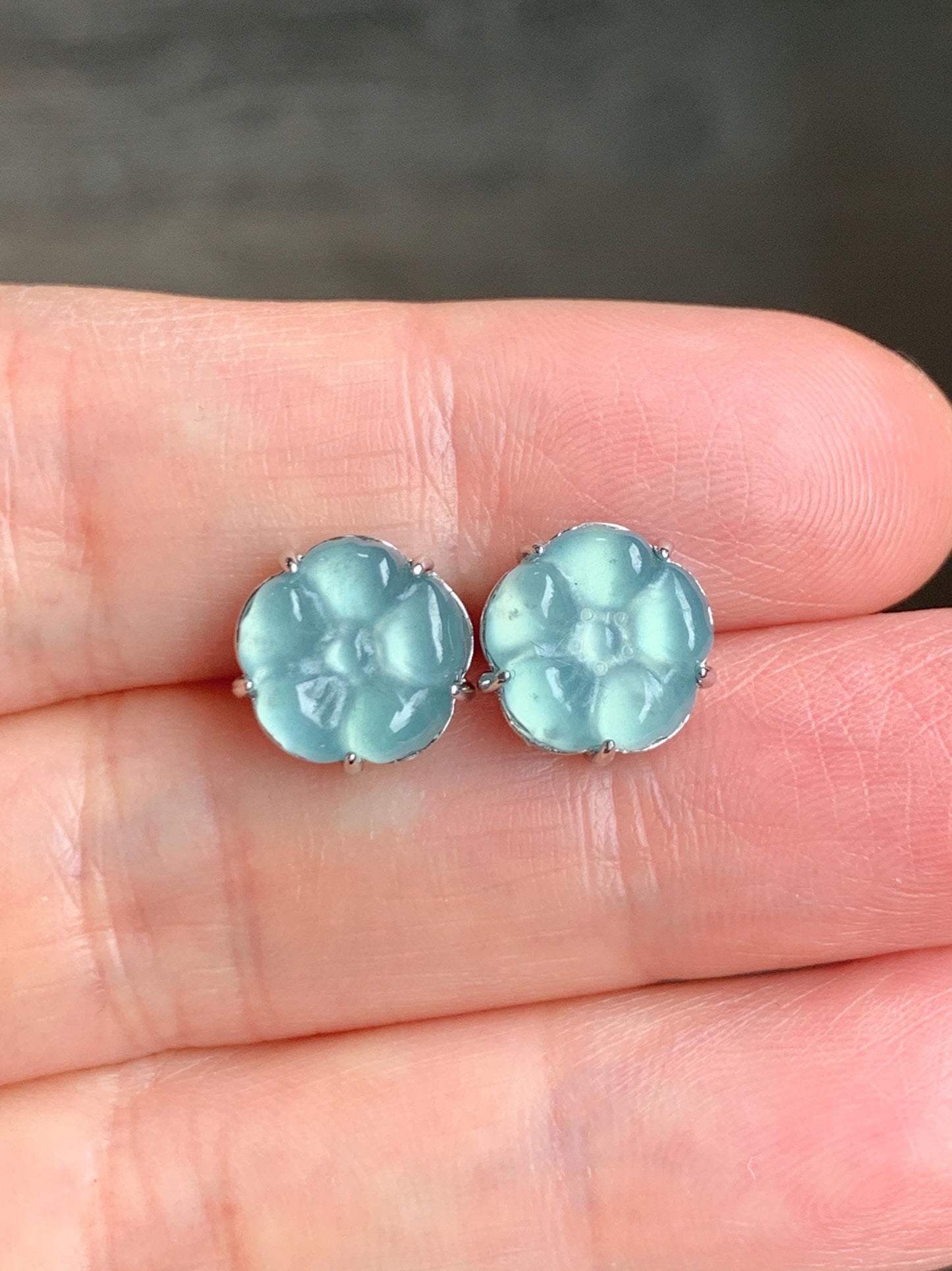 Natural Grade A Guatemalan Icy Highly Translucent Pastel Teal Blue Jadeite Carved Flower Stud Earrings 925 Sterling Silver 天然冰危蓝水翡翠银耳钉 ZWH77