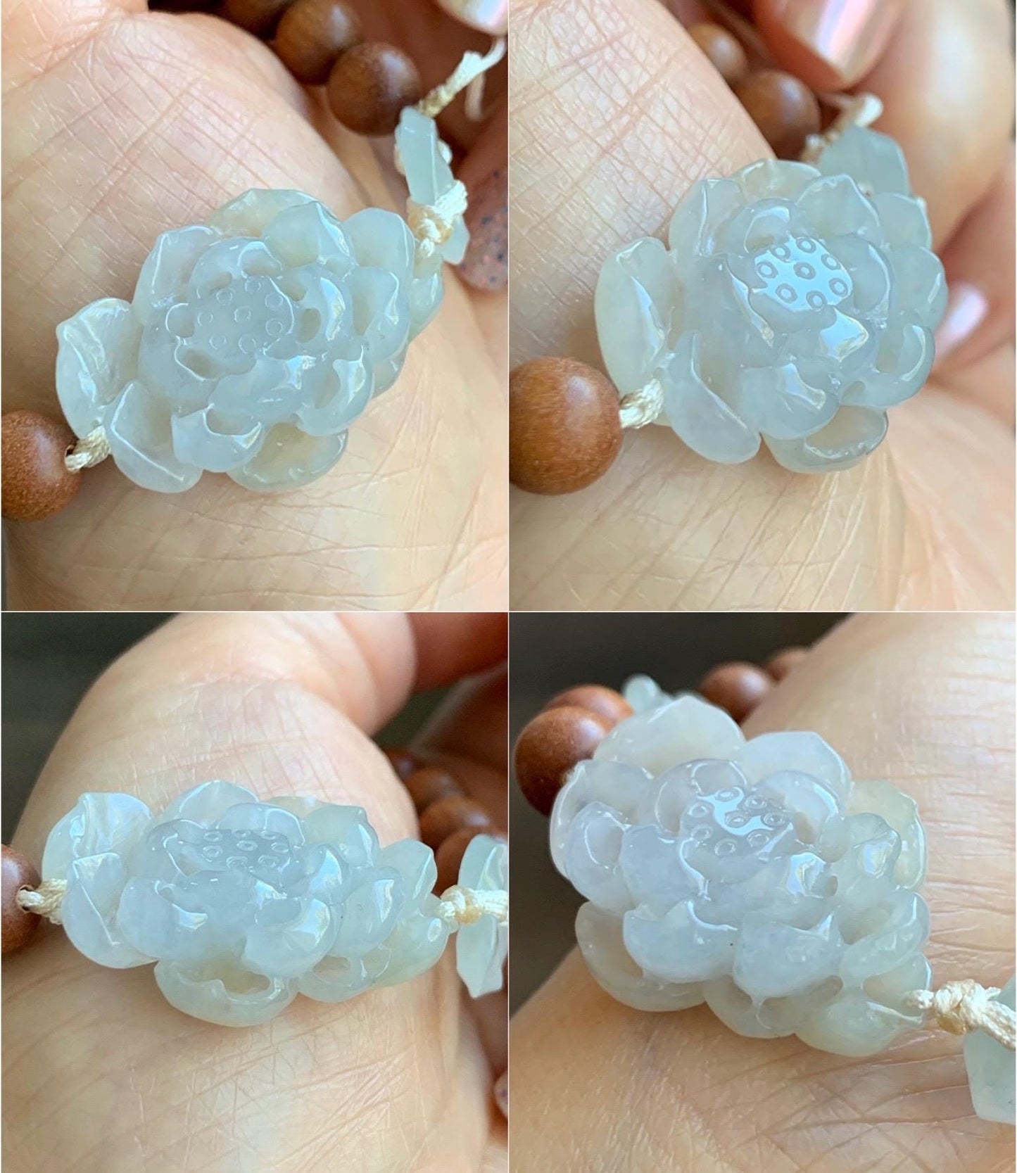 Natural Icy Translucent Light Beige Jade Jadeite 3D Lotus Flower Donut Goldfish Wood Beads Beaded Bracelet 6.75” 天然起胶冰藕粉翡翠莲花木珠手串 OFL180