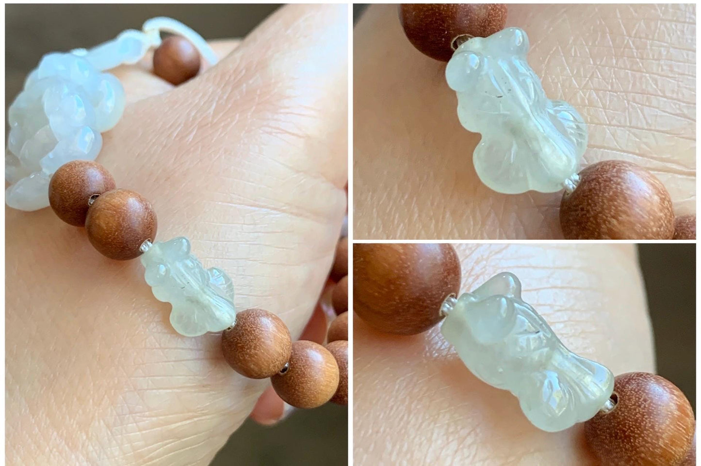 Natural Icy Translucent Light Beige Jade Jadeite 3D Lotus Flower Donut Goldfish Wood Beads Beaded Bracelet 6.75” 天然起胶冰藕粉翡翠莲花木珠手串 OFL180