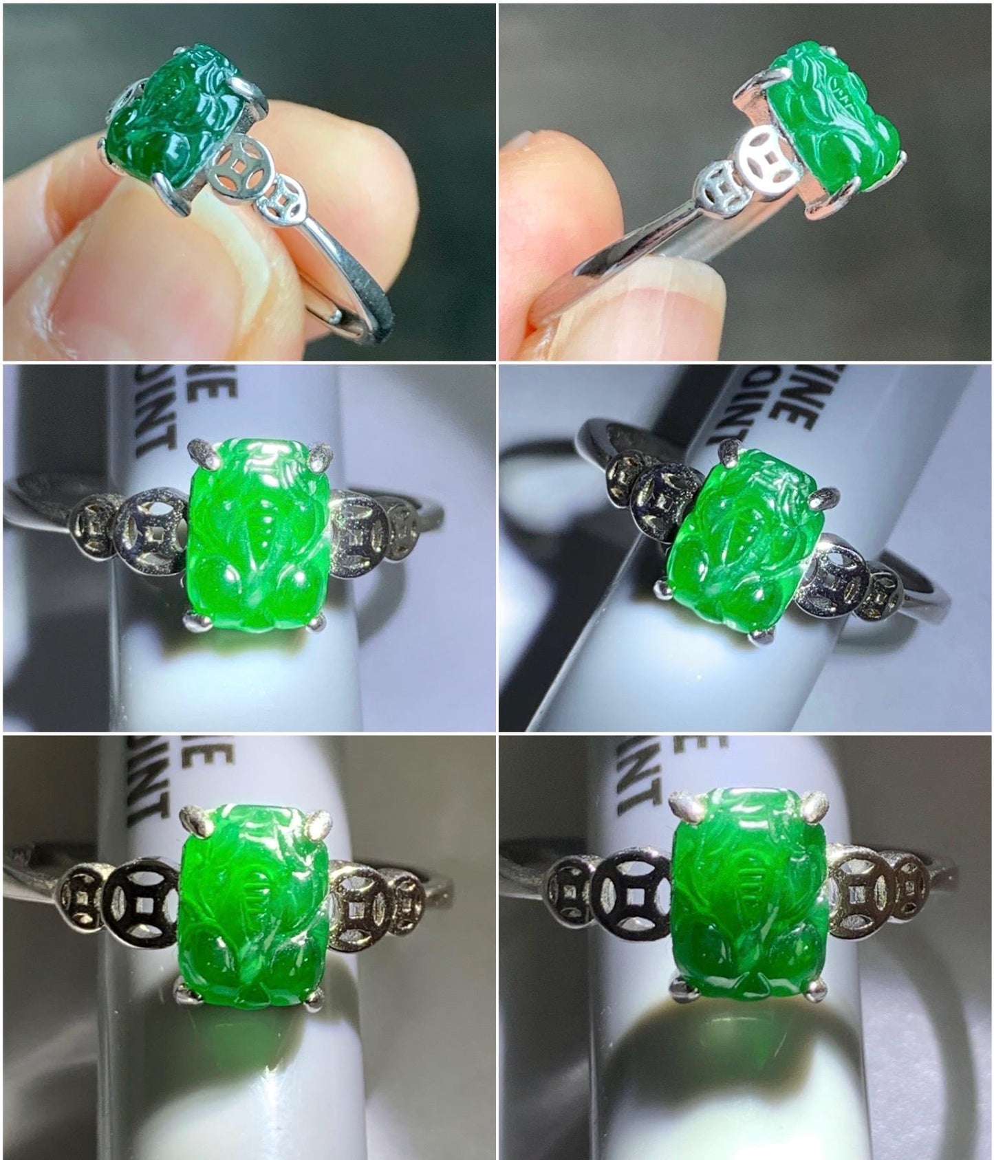 Natural Grade A Guatemalan Icy Translucent Vibrant Green Jadeite Petite Pixiu Ring Sterling Silver Size 7 Adjustable 天然冰危绿翡翠貔貅银镶戒指 XPP77