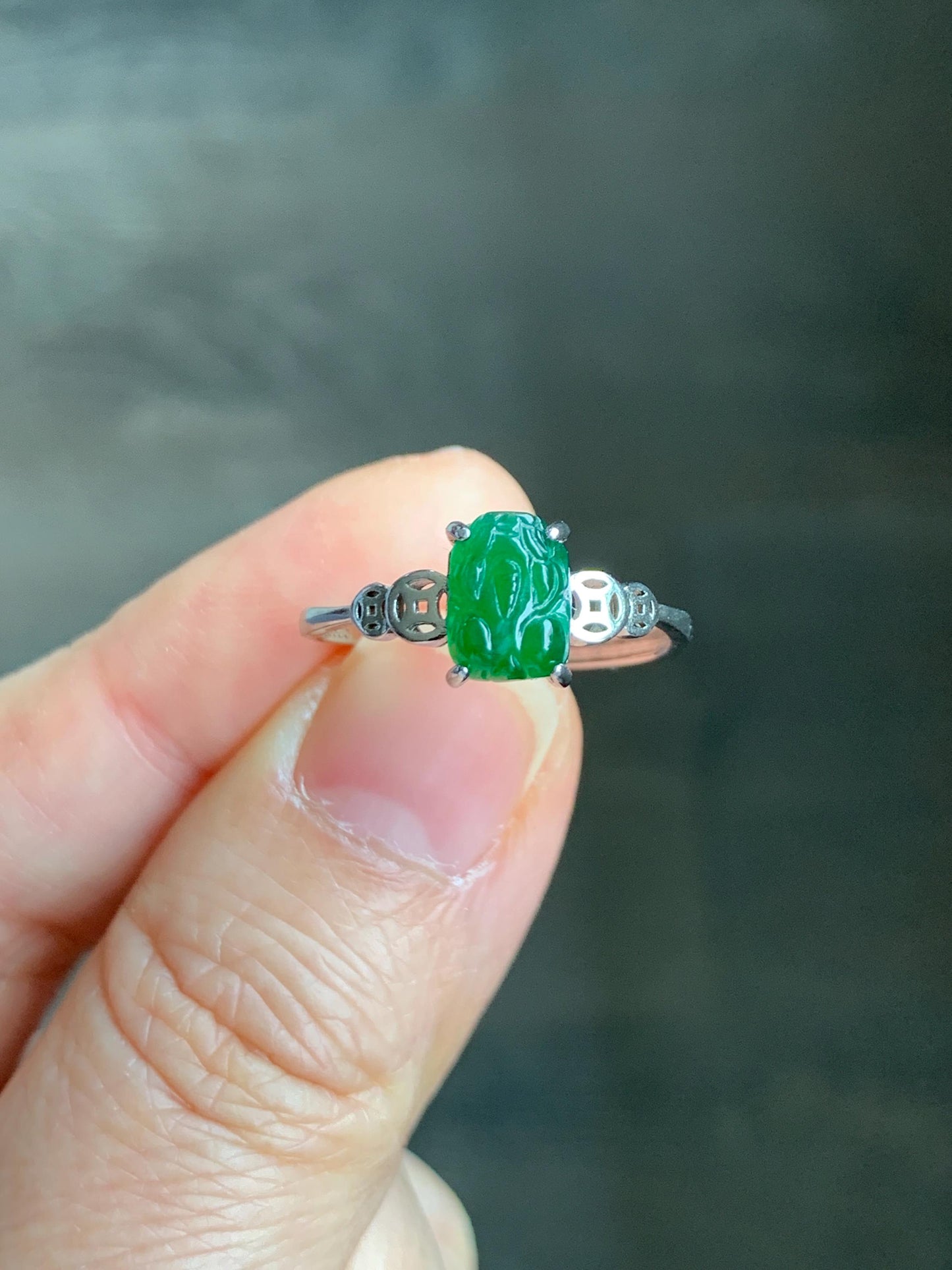 Natural Grade A Guatemalan Icy Translucent Vibrant Green Jadeite Petite Pixiu Ring Sterling Silver Size 7 Adjustable 天然冰危绿翡翠貔貅银镶戒指 XPP77