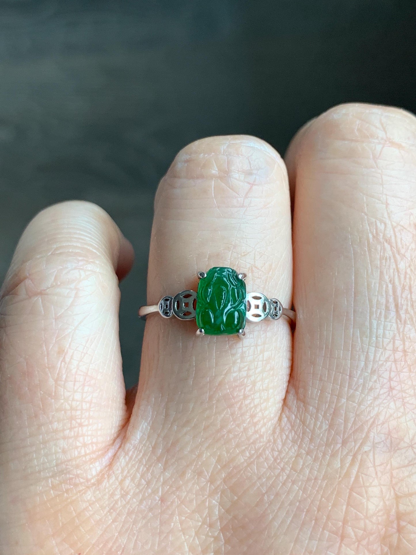 Natural Grade A Guatemalan Icy Translucent Vibrant Green Jadeite Petite Pixiu Ring Sterling Silver Size 7 Adjustable 天然冰危绿翡翠貔貅银镶戒指 XPP77