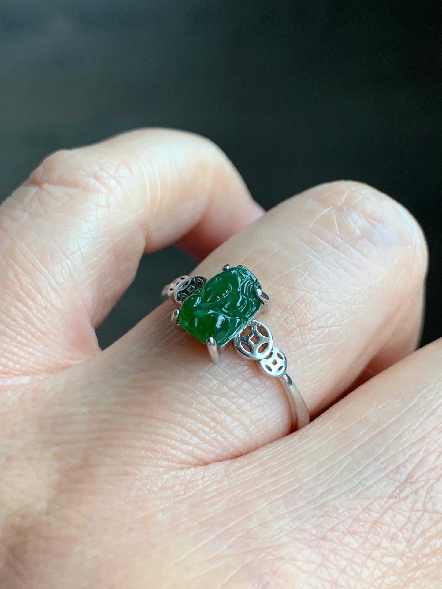 Natural Grade A Guatemalan Icy Translucent Vibrant Green Jadeite Petite Pixiu Ring Sterling Silver Size 7 Adjustable 天然冰危绿翡翠貔貅银镶戒指 XPP77