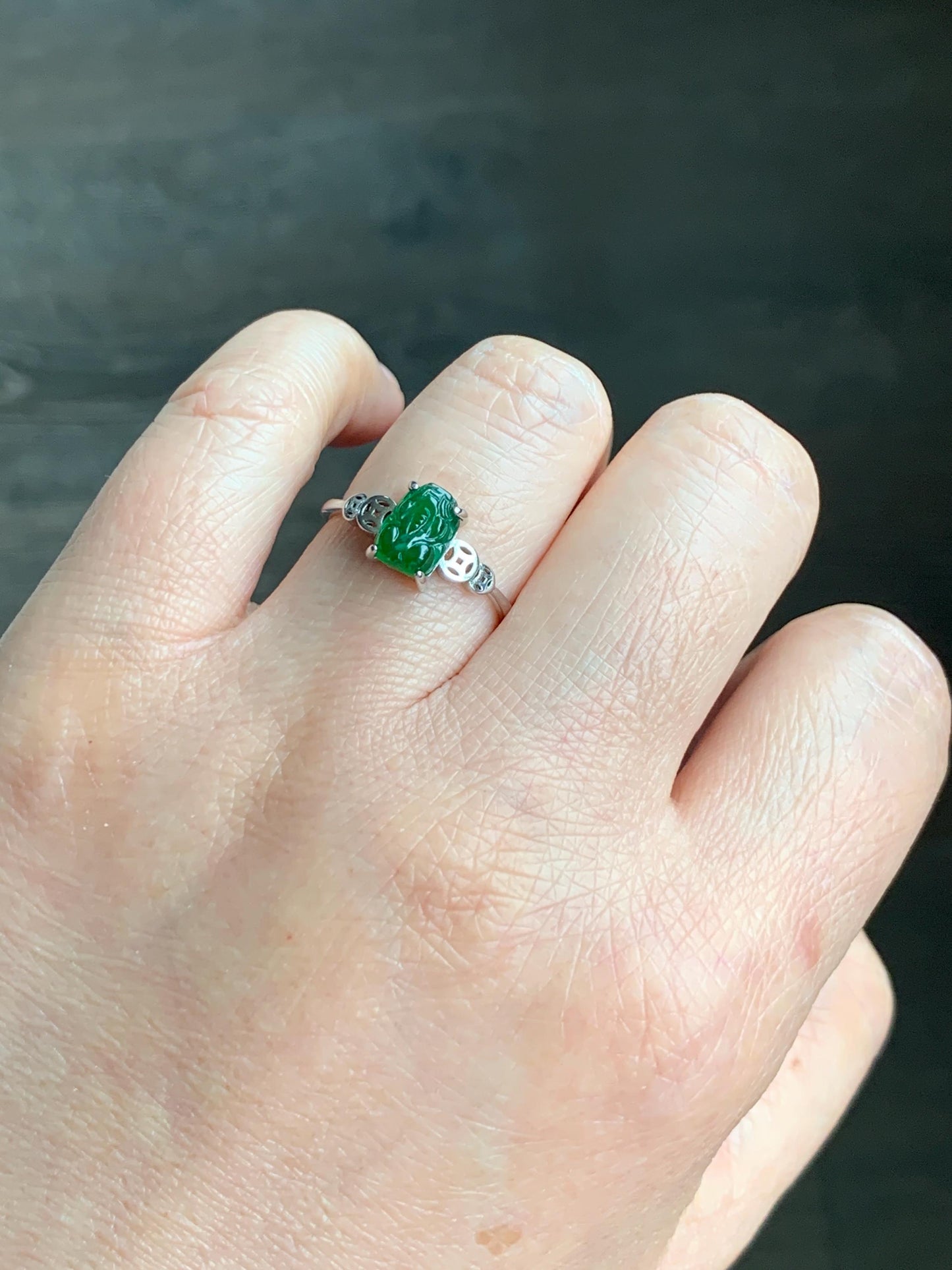 Natural Grade A Guatemalan Icy Translucent Vibrant Green Jadeite Petite Pixiu Ring Sterling Silver Size 7 Adjustable 天然冰危绿翡翠貔貅银镶戒指 XPP77