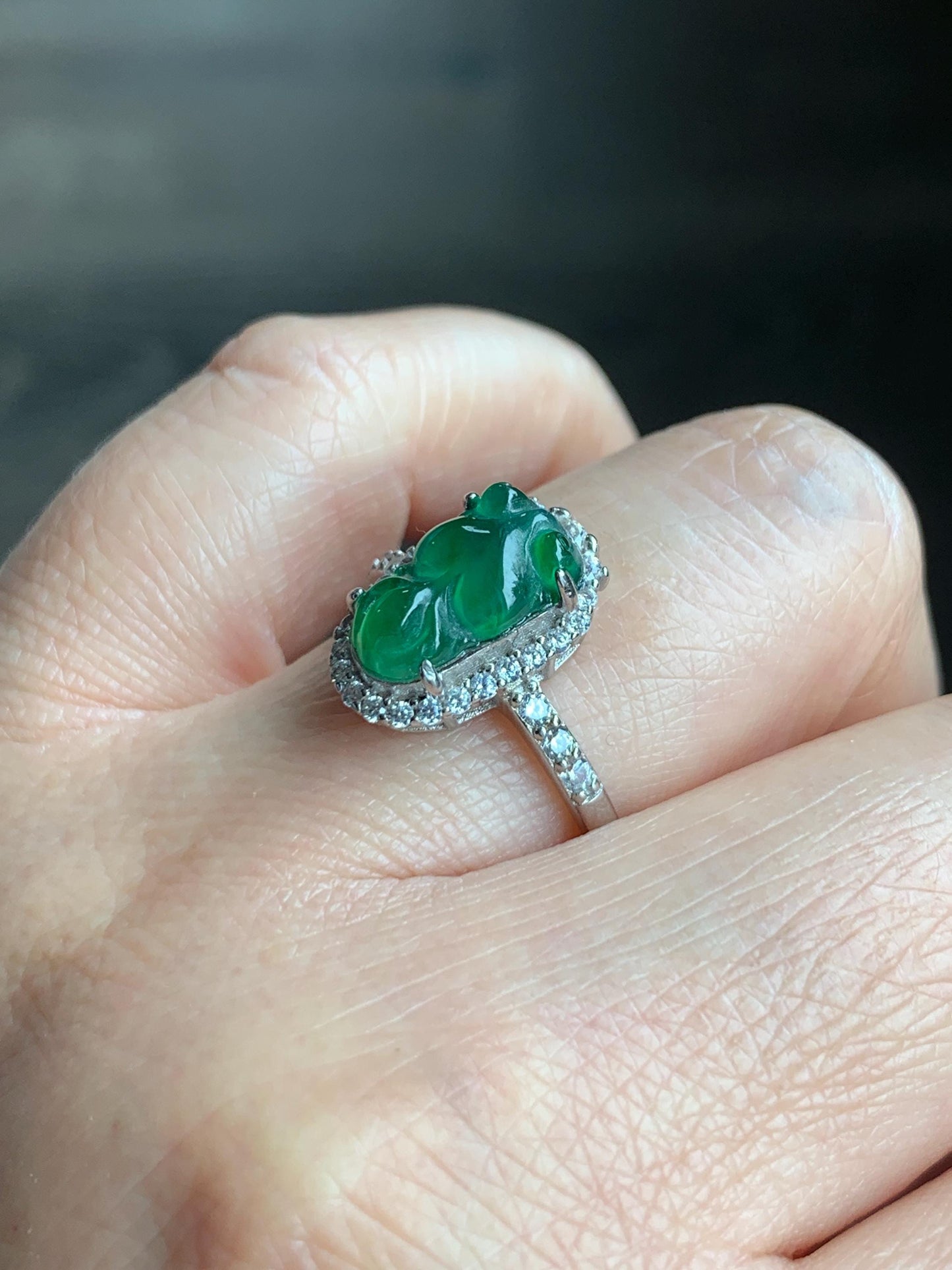 Natural Grade A Guatemalan Icy Translucent Green Jadeite Carved Goldfish Ring Sterling Silver Size 7 Adjustable 天然冰危绿翡翠金鱼银镶戒指 LJY180-A