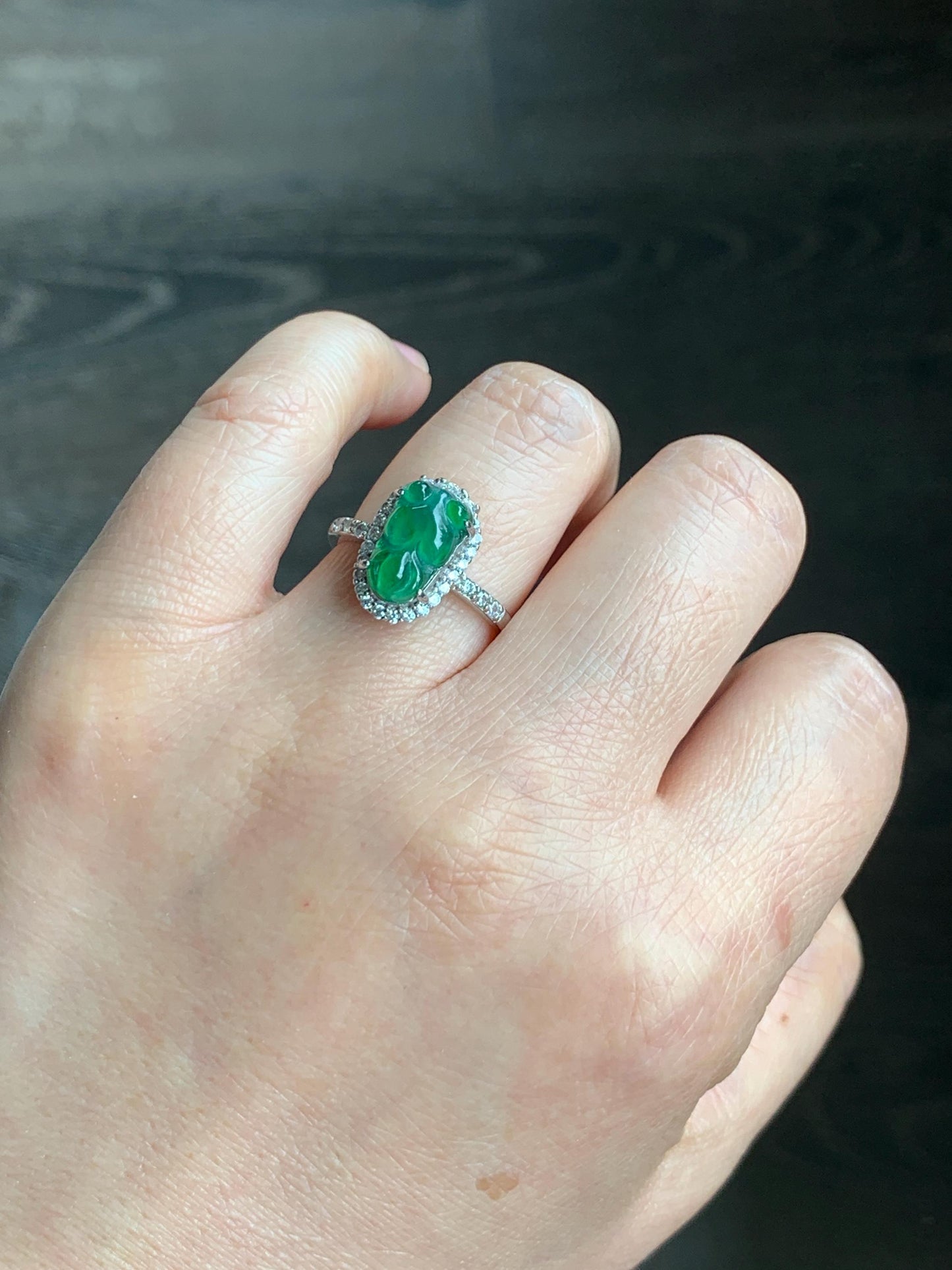 Natural Grade A Guatemalan Icy Translucent Green Jadeite Carved Goldfish Ring Sterling Silver Size 7 Adjustable 天然冰危绿翡翠金鱼银镶戒指 LJY180-A