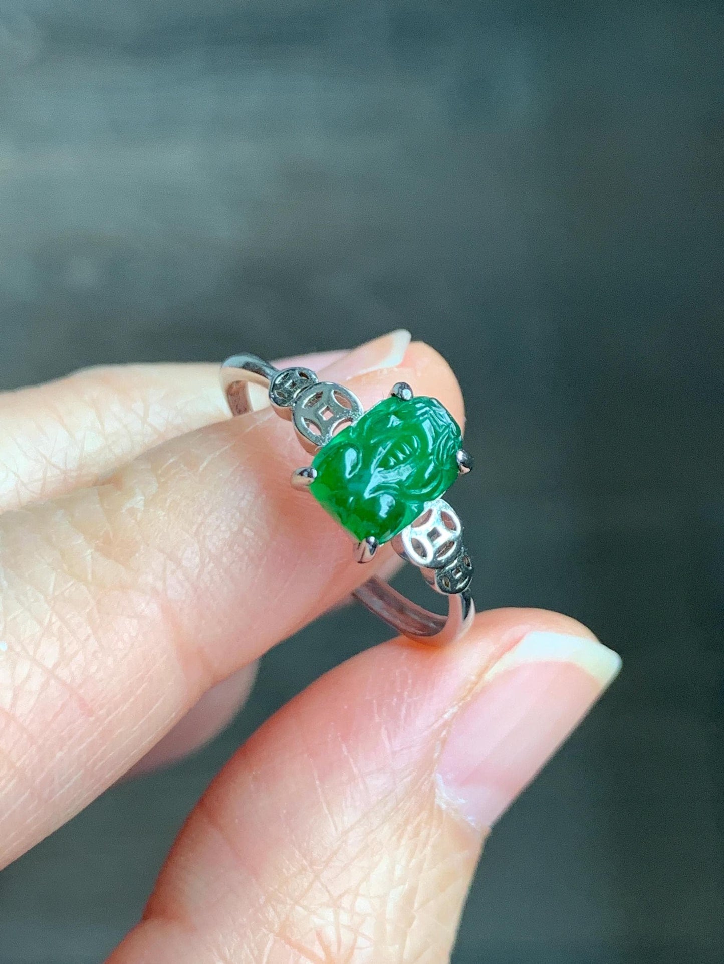 Natural Grade A Guatemalan Icy Translucent Vibrant Green Jadeite Petite Pixiu Ring Sterling Silver Size 7 Adjustable 天然冰危绿翡翠貔貅银镶戒指 XPP77