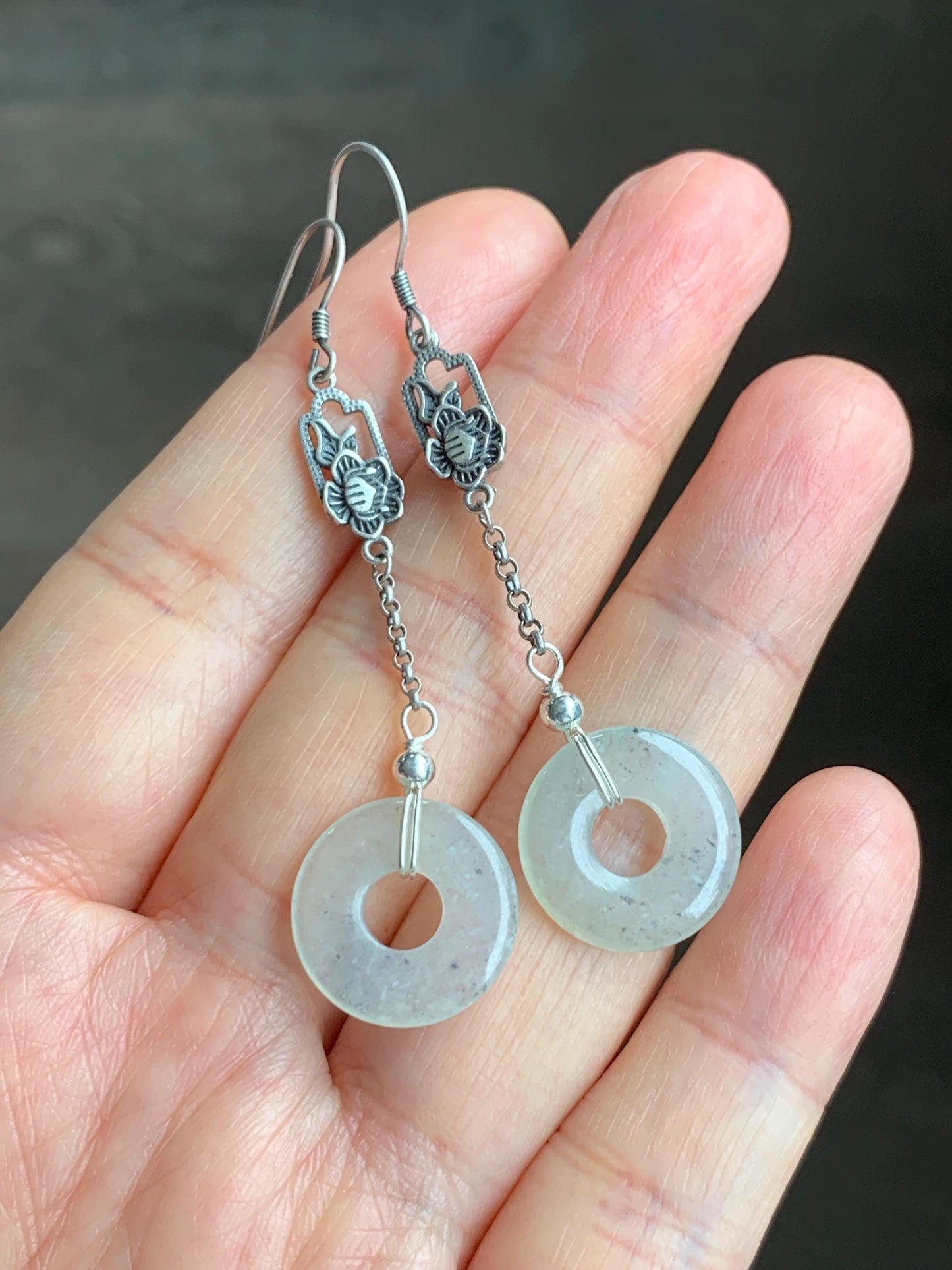 Natural Grade A Icy Translucent Light Wuji Marbled Jadeite Ping An Kou Donut Dangle Earrings S925 Sterling Silver 天然A货冰胶乌鸡翡翠平安扣银耳钩 WJX99