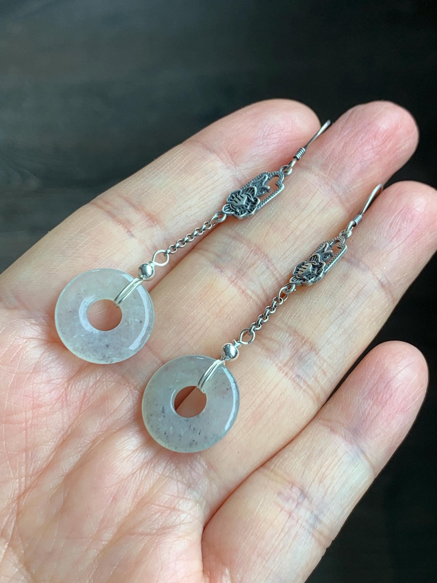 Natural Grade A Icy Translucent Light Wuji Marbled Jadeite Ping An Kou Donut Dangle Earrings S925 Sterling Silver 天然A货冰胶乌鸡翡翠平安扣银耳钩 WJX99