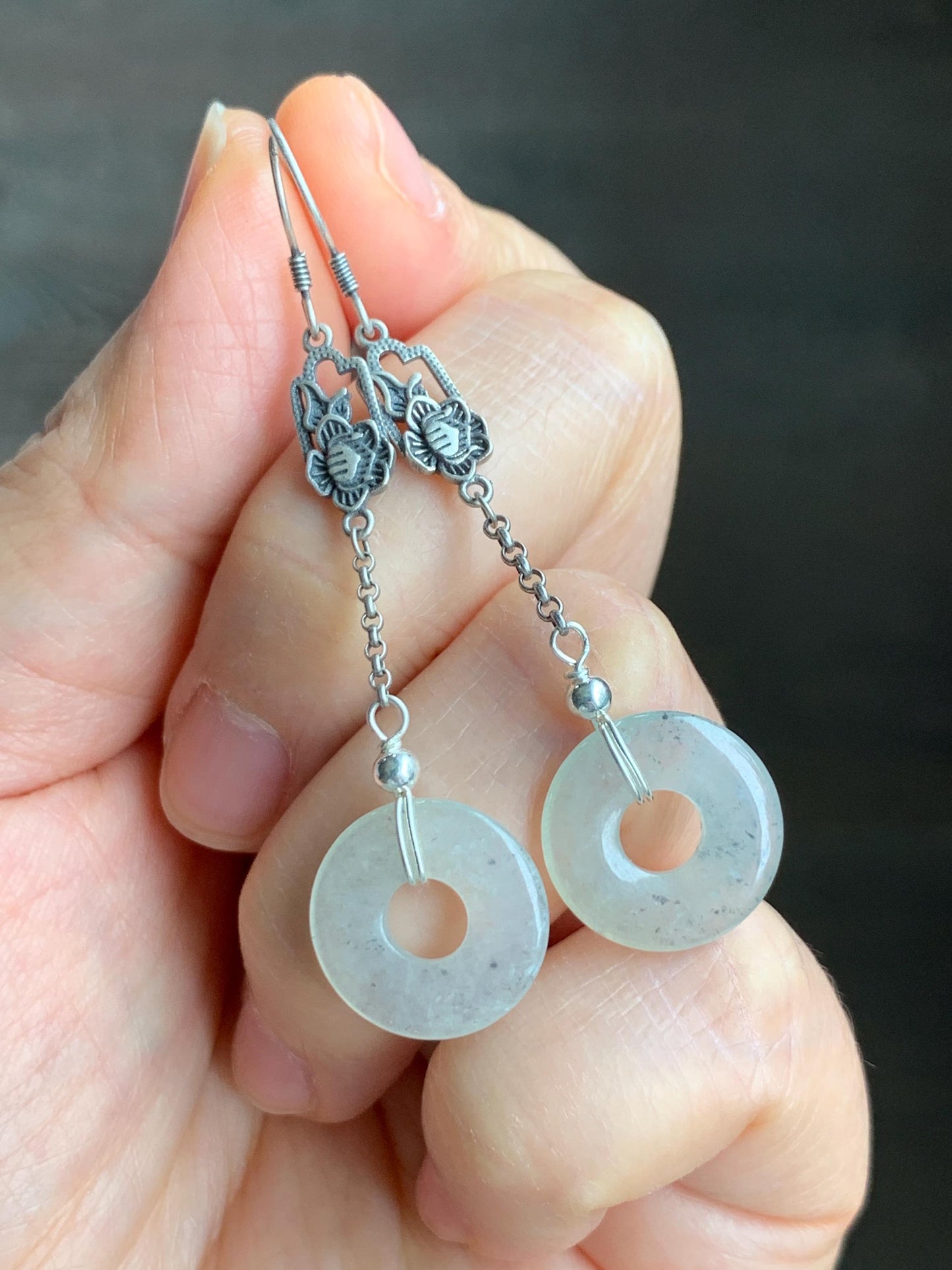 Natural Grade A Icy Translucent Light Wuji Marbled Jadeite Ping An Kou Donut Dangle Earrings S925 Sterling Silver 天然A货冰胶乌鸡翡翠平安扣银耳钩 WJX99