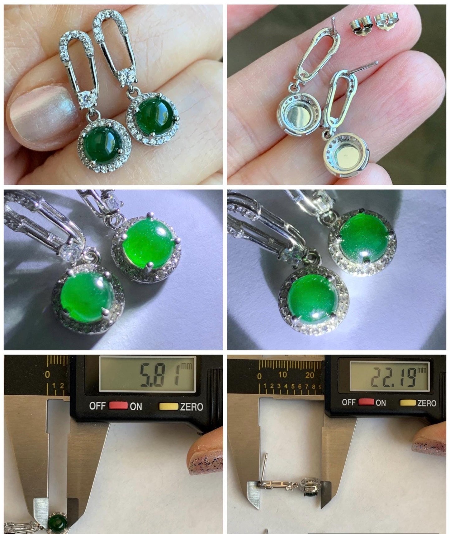 Natural Grade A Guatemalan Icy Translucent Vibrant Green Jade Jadeite Paper Clip Style Stud Earrings Sterling Silver 天然冰危绿翡翠镶嵌耳钉 LBZ77