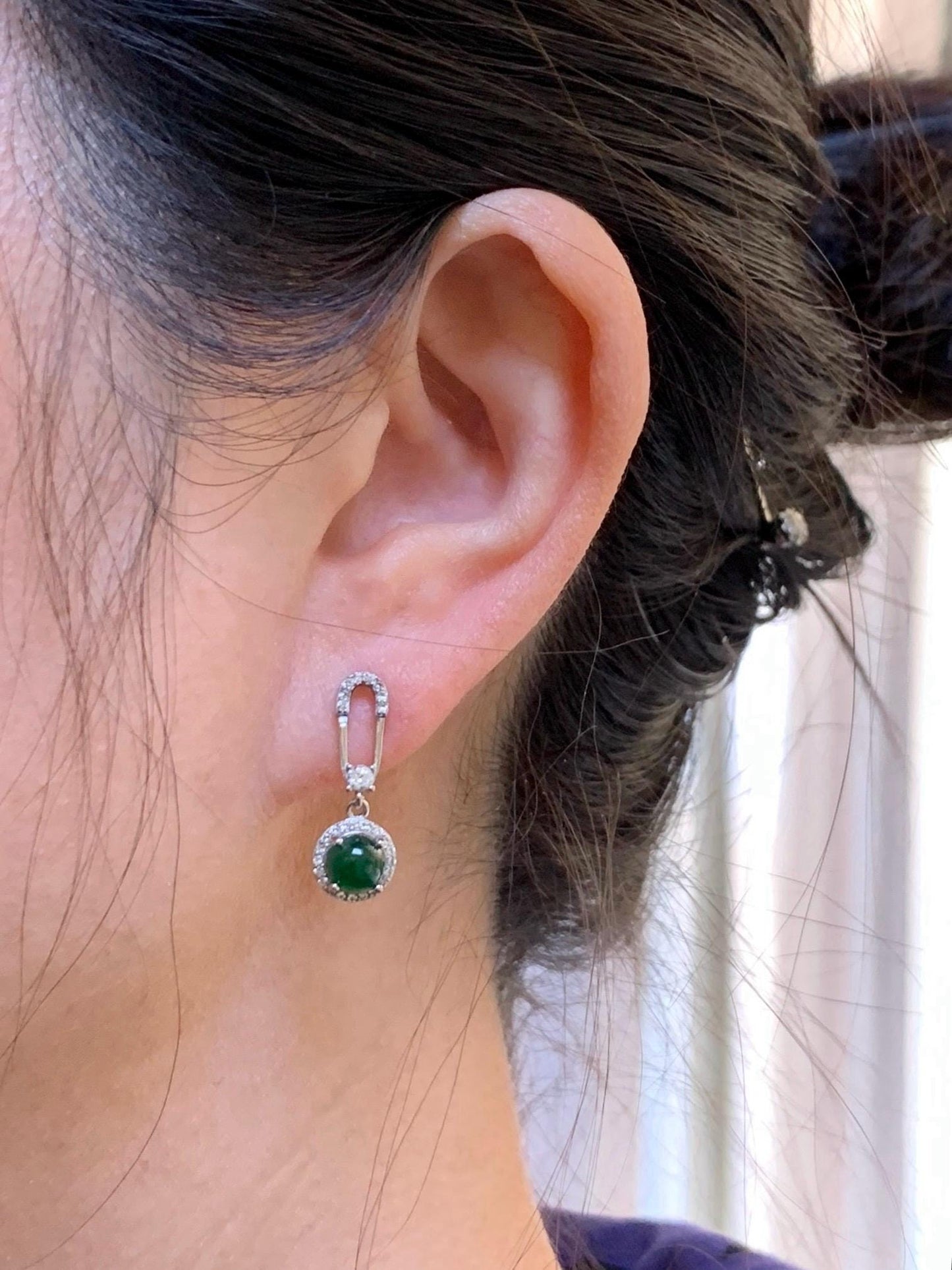 Natural Grade A Guatemalan Icy Translucent Vibrant Green Jade Jadeite Paper Clip Style Stud Earrings Sterling Silver 天然冰危绿翡翠镶嵌耳钉 LBZ77