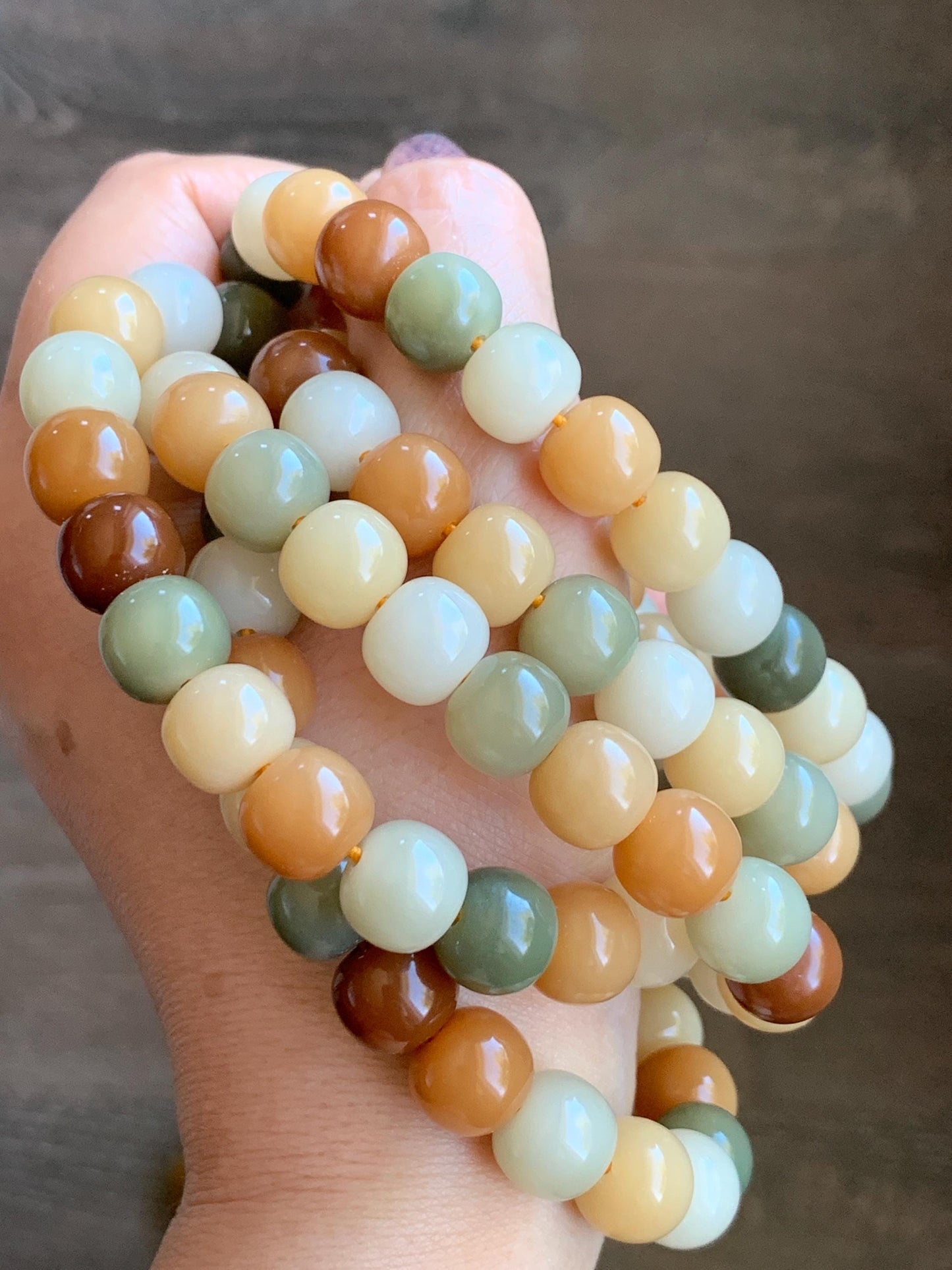 Natural Genuine Multicolored Carved Drum Beads & Buddha Charm Beaded Mala Prayer Beaded Necklace 42” 119g 天然多宝菩提珠长串 DBPT140