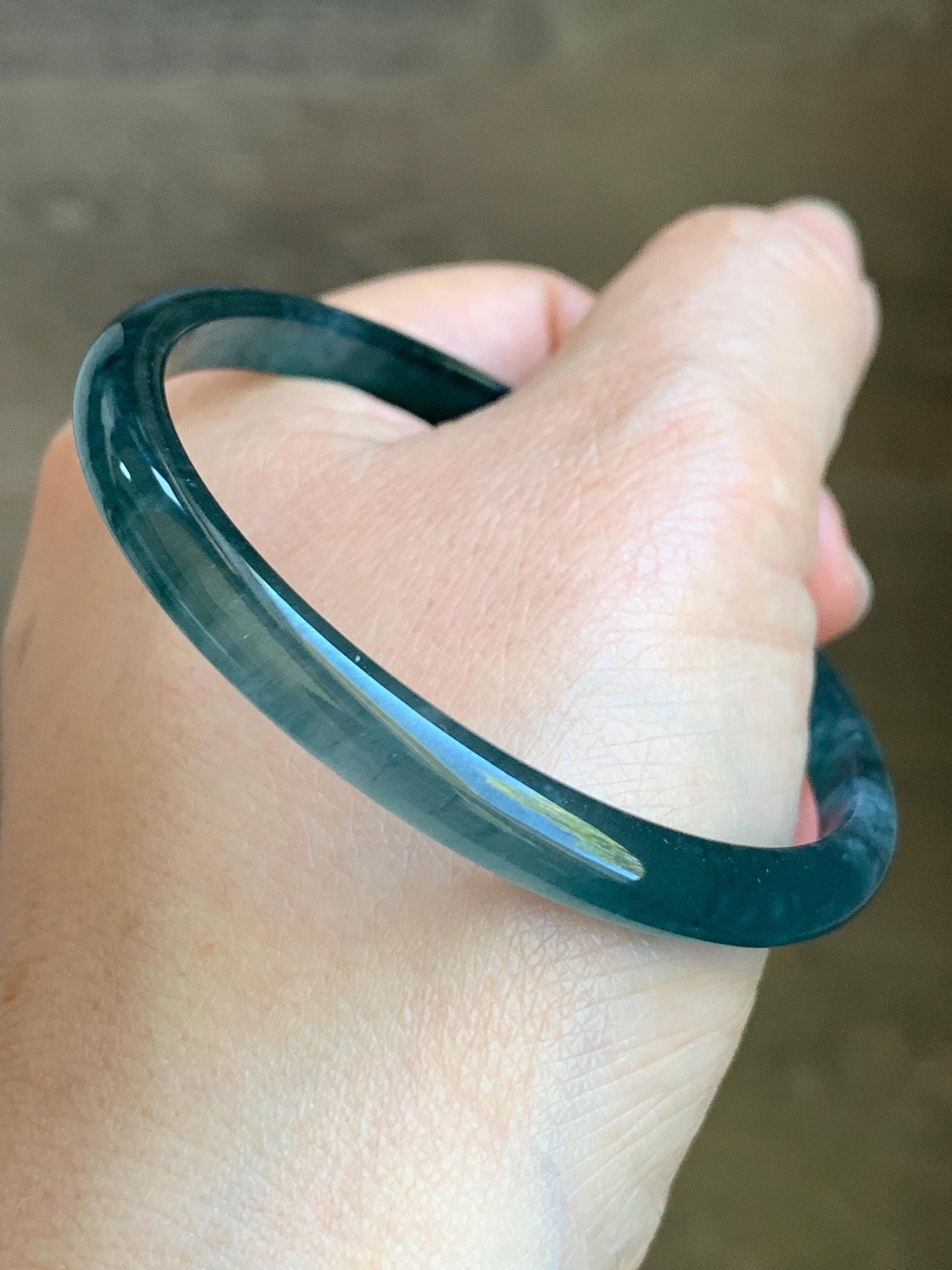 Certified Natural Grade A Guatemalan Icy Highly Translucent Gelatinous Teal Blue Jadeite Slim Bangle 55.8mm 16.26g 天然老种冰胶危蓝飘花翡翠细条手镯 1145