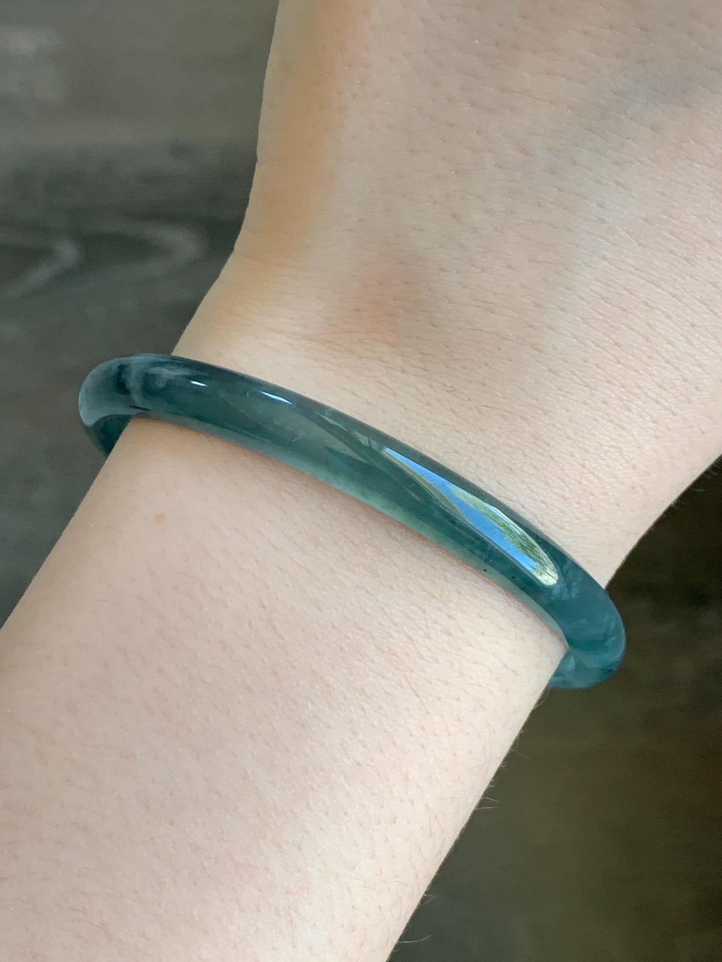 Certified Natural Grade A Guatemalan Icy Highly Translucent Gelatinous Teal Blue Jade Jadeite Slim Bangle 58.7mm 16.33g 天然老种冰胶危蓝翡翠细条手镯 1134