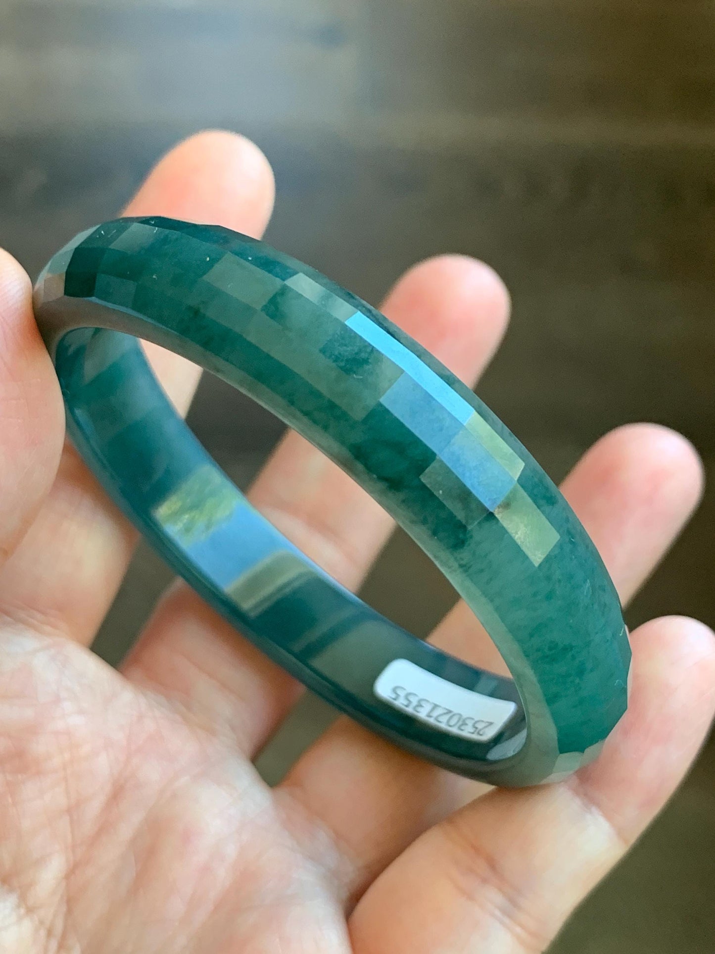 Certified Natural Grade A Guatemalan Icy Translucent Dark Blue Jade Jadeite Faceted Bangle 56.8mm 38.5mm 11.8x5.8mm 天然老种冰危深蓝绿翡翠正圈切割面手镯 1355
