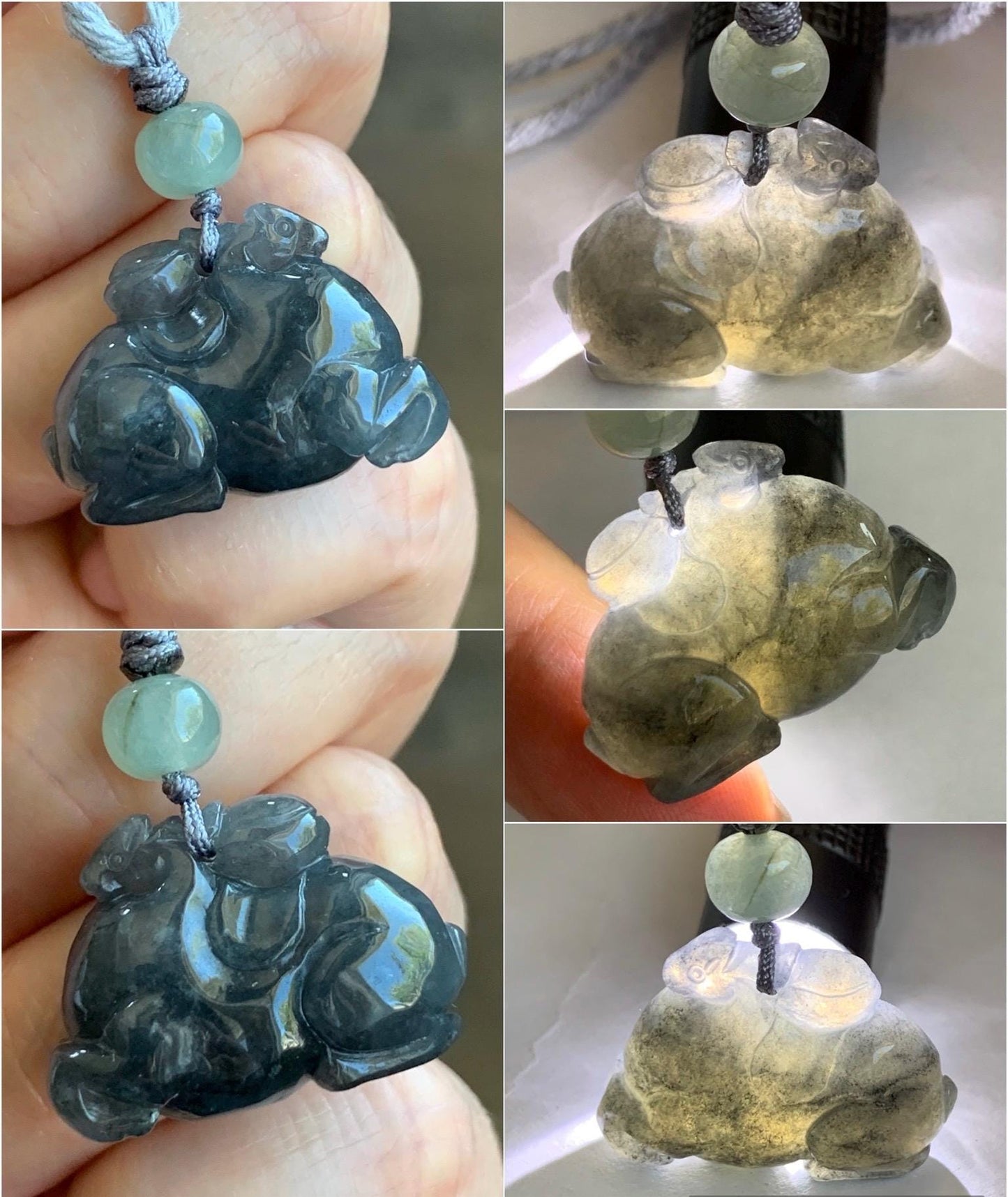 Natural Grade A Icy Translucent Gelatinous Dark Wuji Jade Jadeite Carved Tang Horse Pendant Rope Necklace 26" 11g 天然冰透乌鸡翡翠唐马吊坠挂件 TMW407